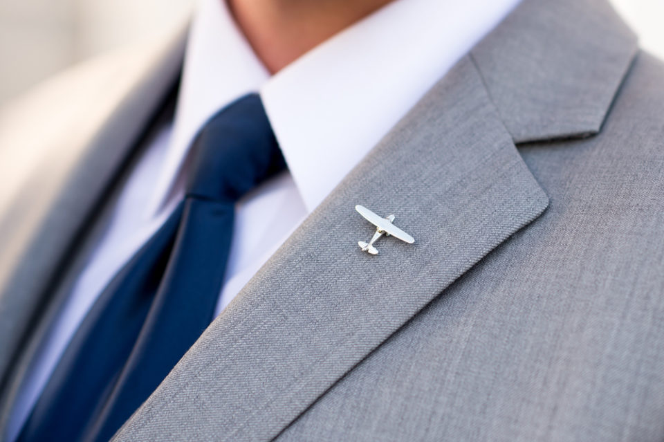 An airplane pin during Manor House Wedding on June 26, 2016, in Littleton, Colorado.