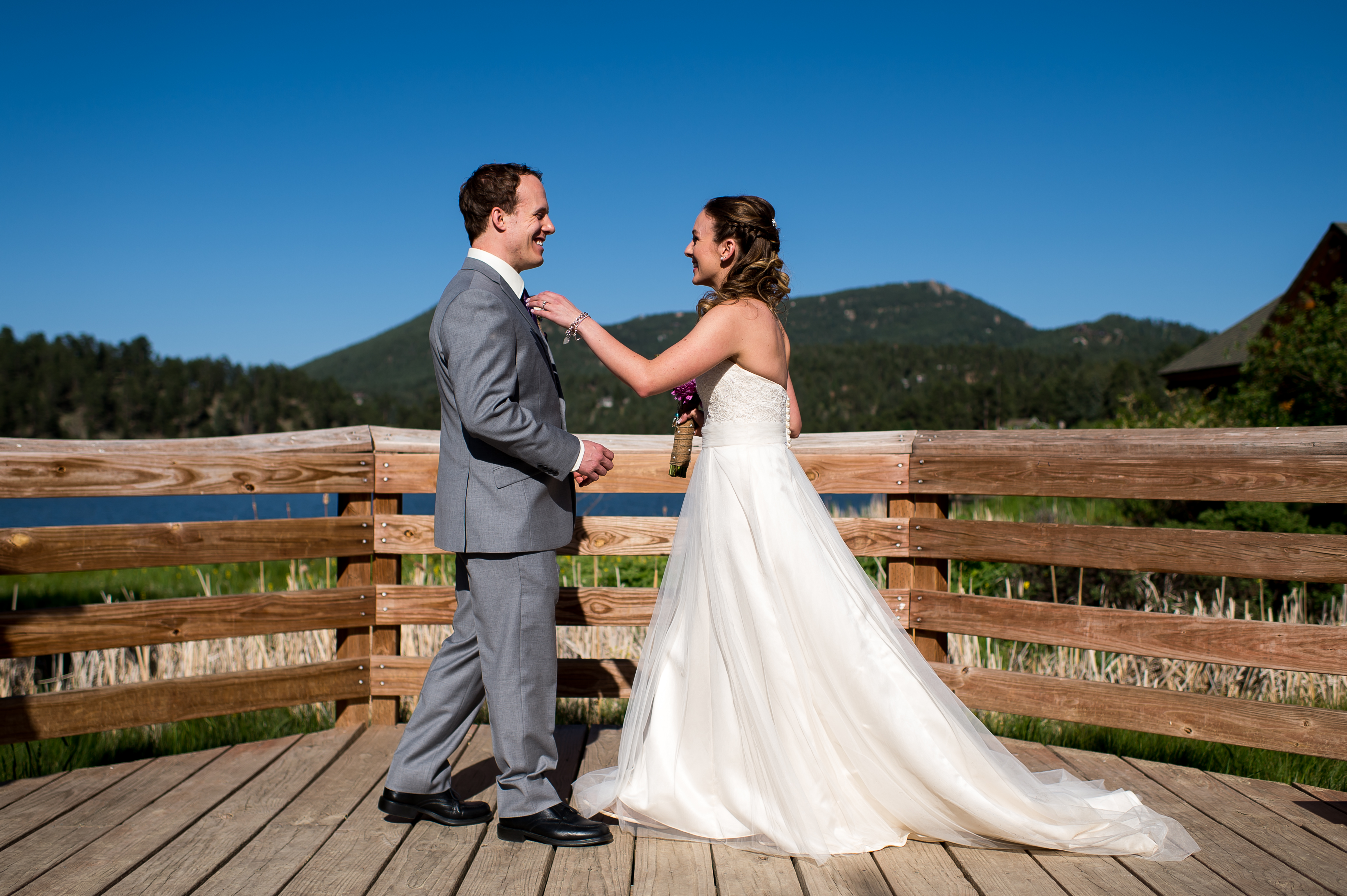 Evergreen Lake House wedding pictures of bride and groom first look