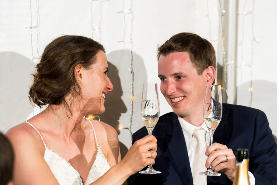 Bride and groom toast during a backyard wedding in Colorado