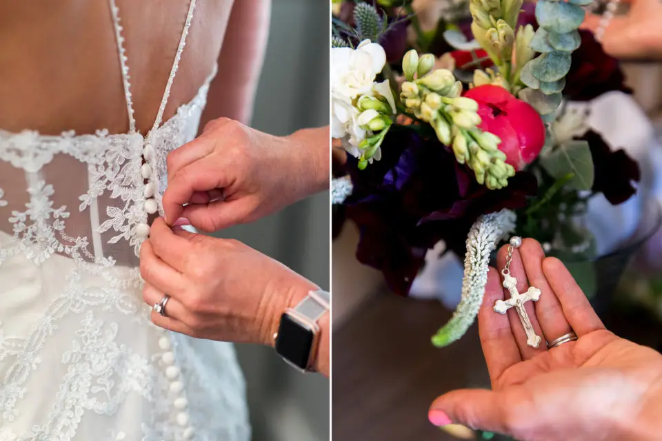 Buttoning bride dress during an Our Lady of Lourdes Denver wedding.