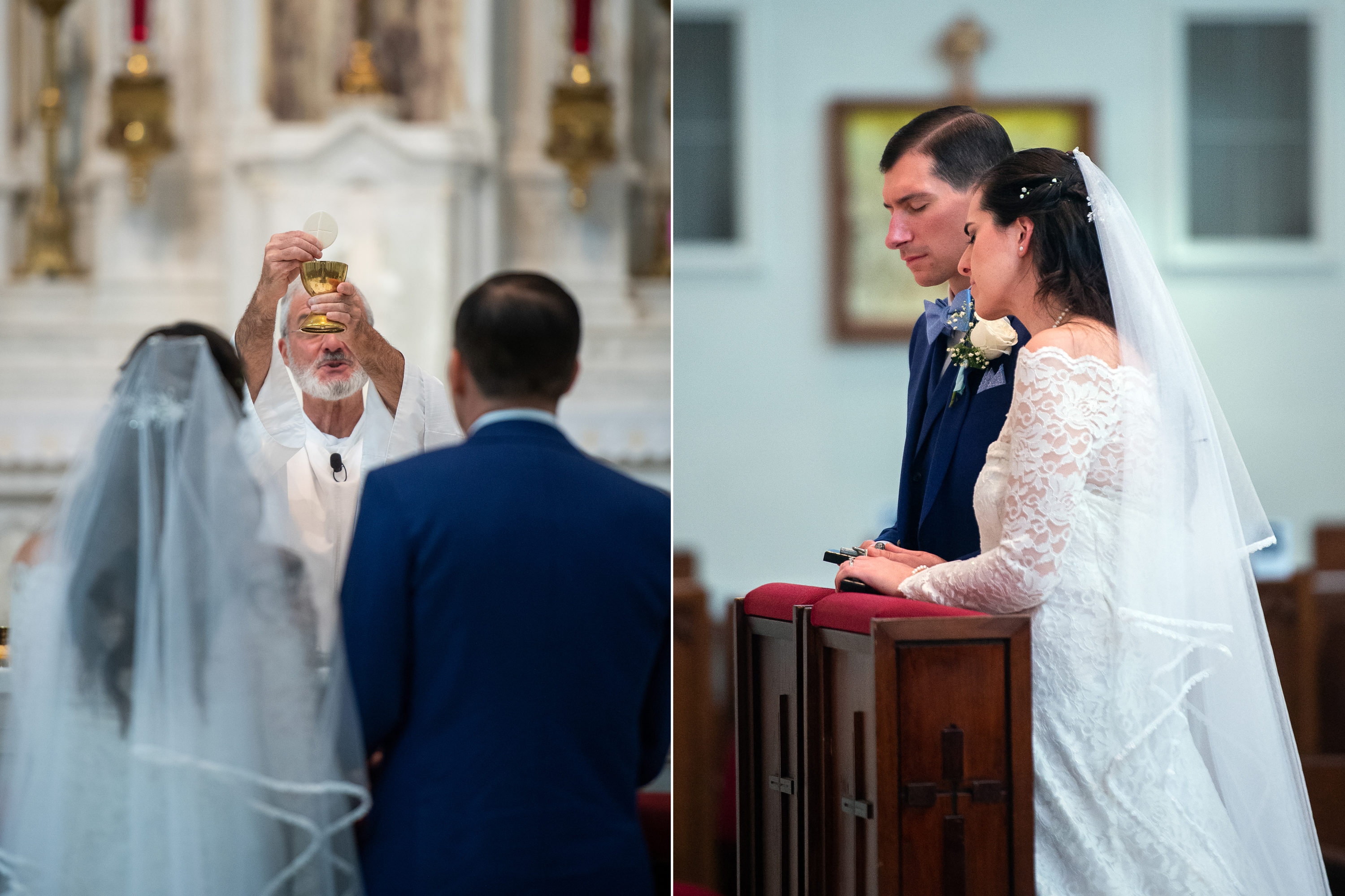 Bride and groom pray during their wedding at the Cathedral Basilica of the Immaculate Conception in Denver, Colorado.