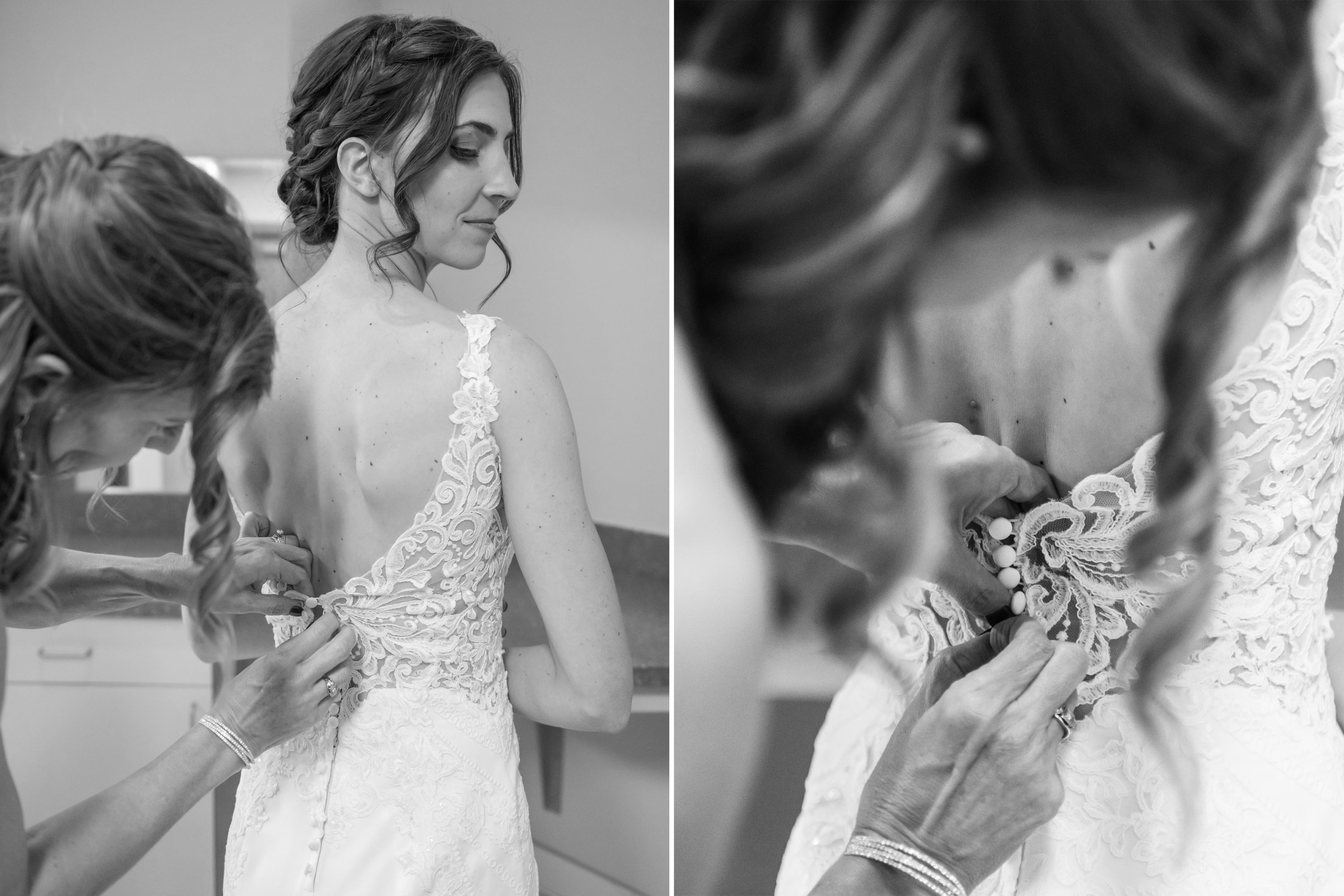 The bride puts on her dress before her Cathedral Basilica of the Immaculate Conception wedding in Denver, Colorado.