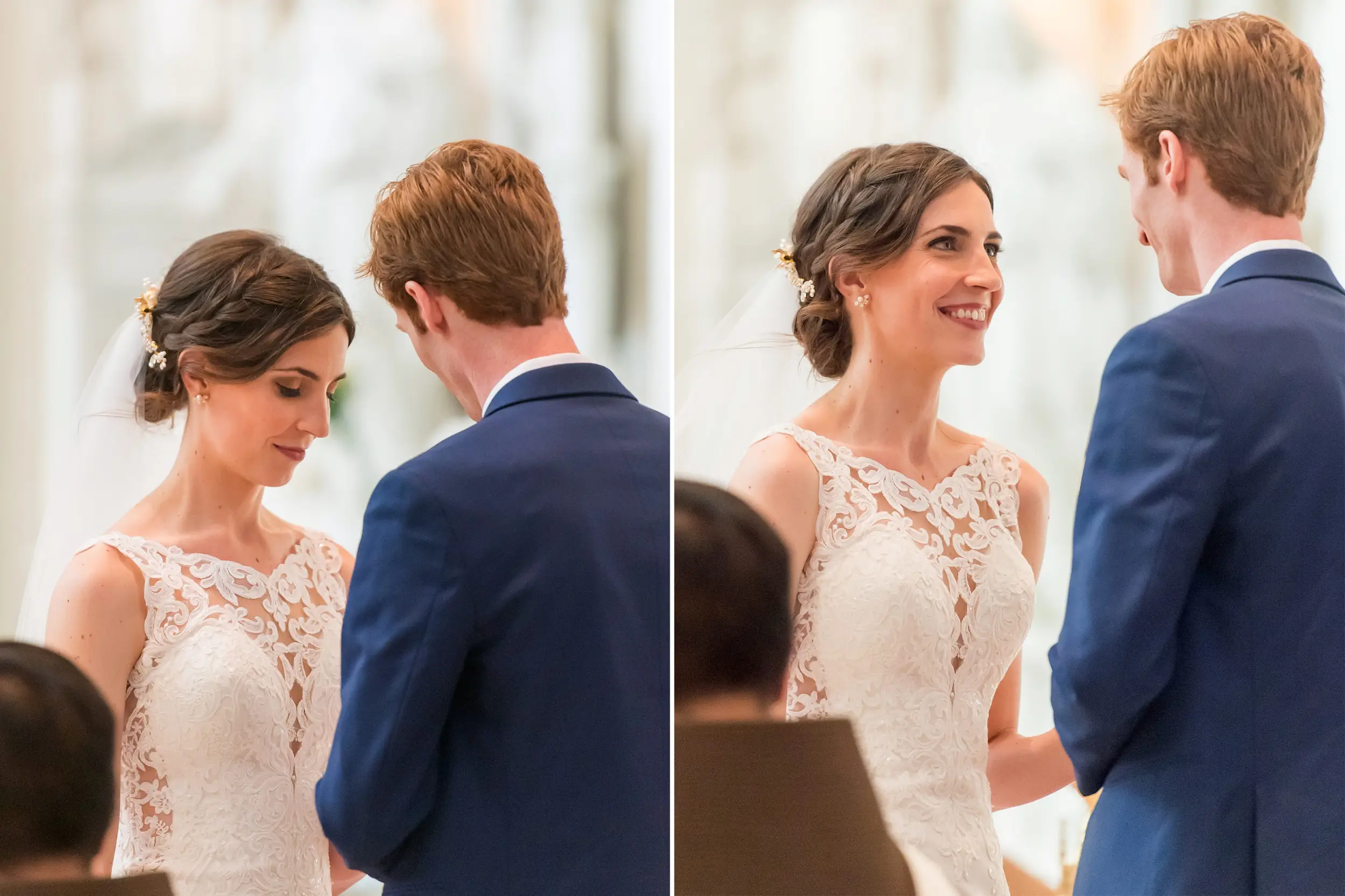 The bride puts the ring on the groom's finger during a Cathedral Basilica of the Immaculate Conception wedding in Denver, Colorado.