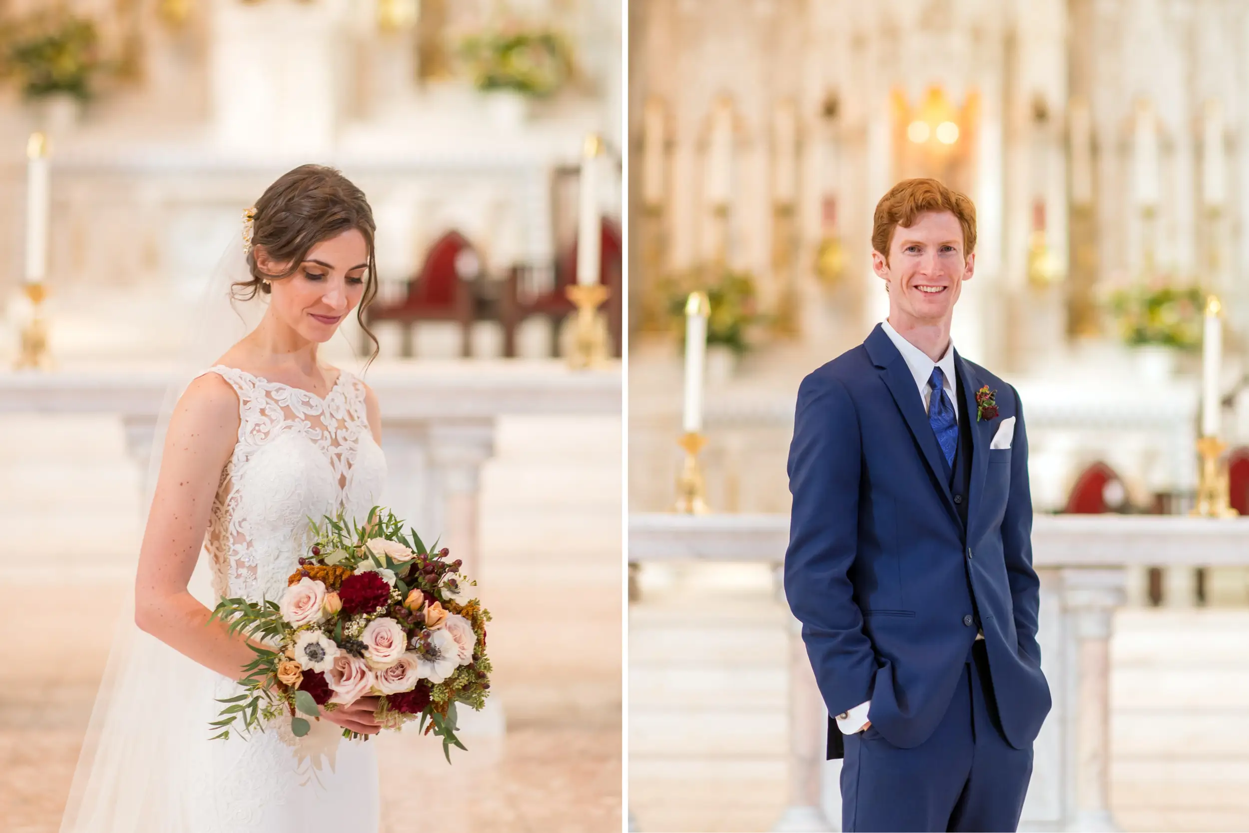 Bride and groom pose during a Cathedral Basilica of the Immaculate Conception wedding in Denver, Colorado.