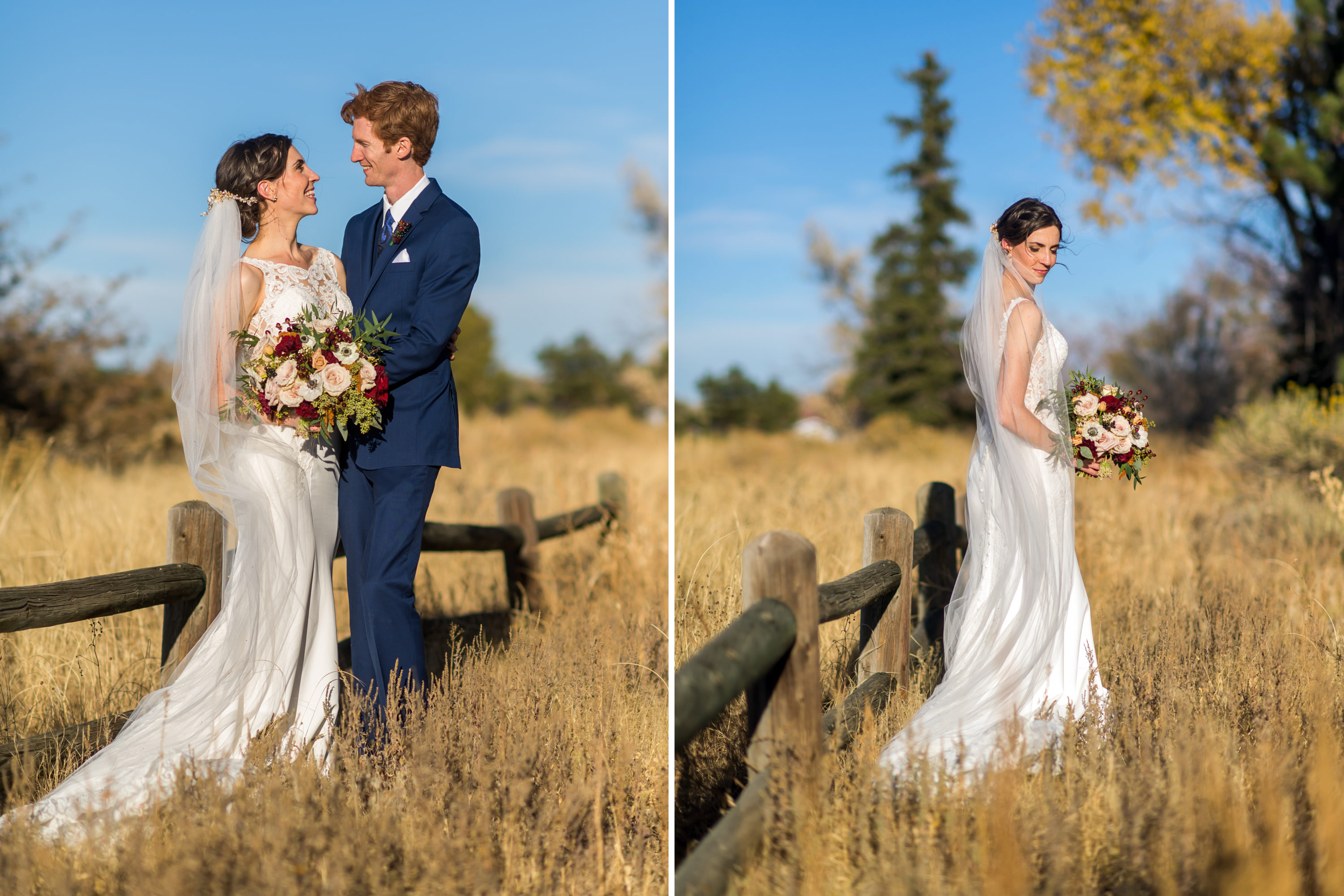 Bride and groom pose at Cherry Creek State Park in Aurora, Colorado.
