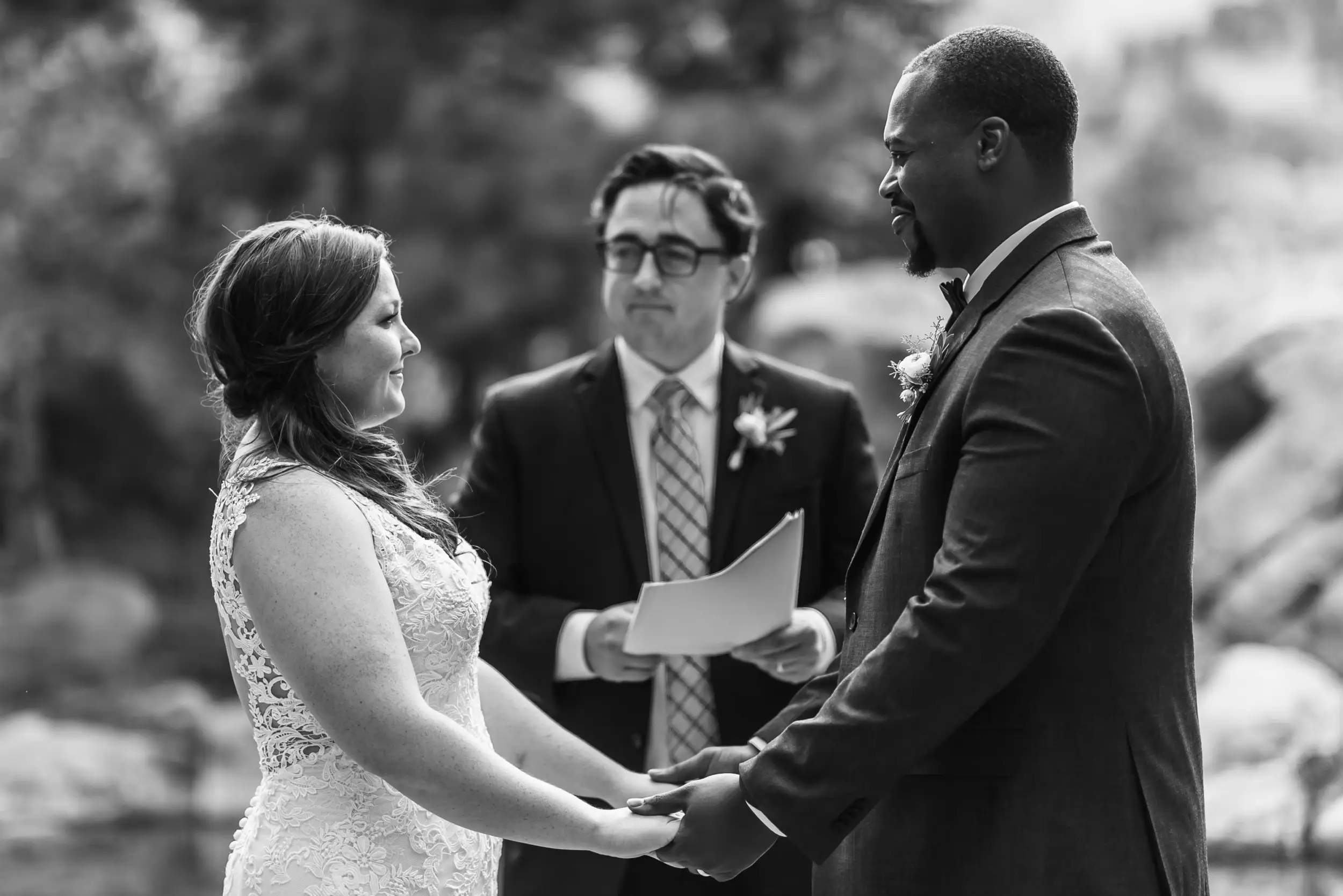Groom and bride look at each other during Greenbriar Inn wedding in Boulder, Colorado.