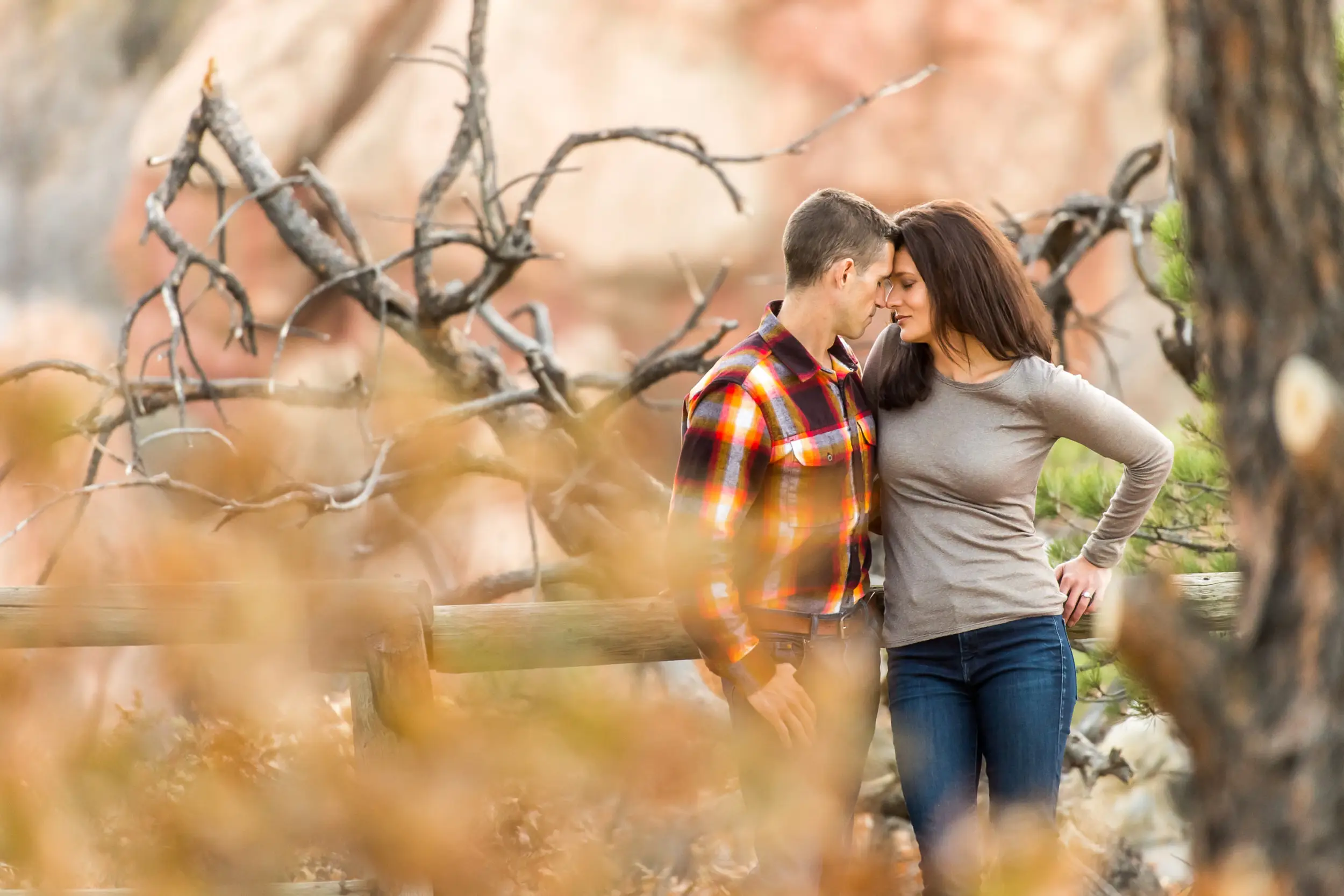 Victoria and Justin embrace in Roxborough State Park Littleton for their engagement session.