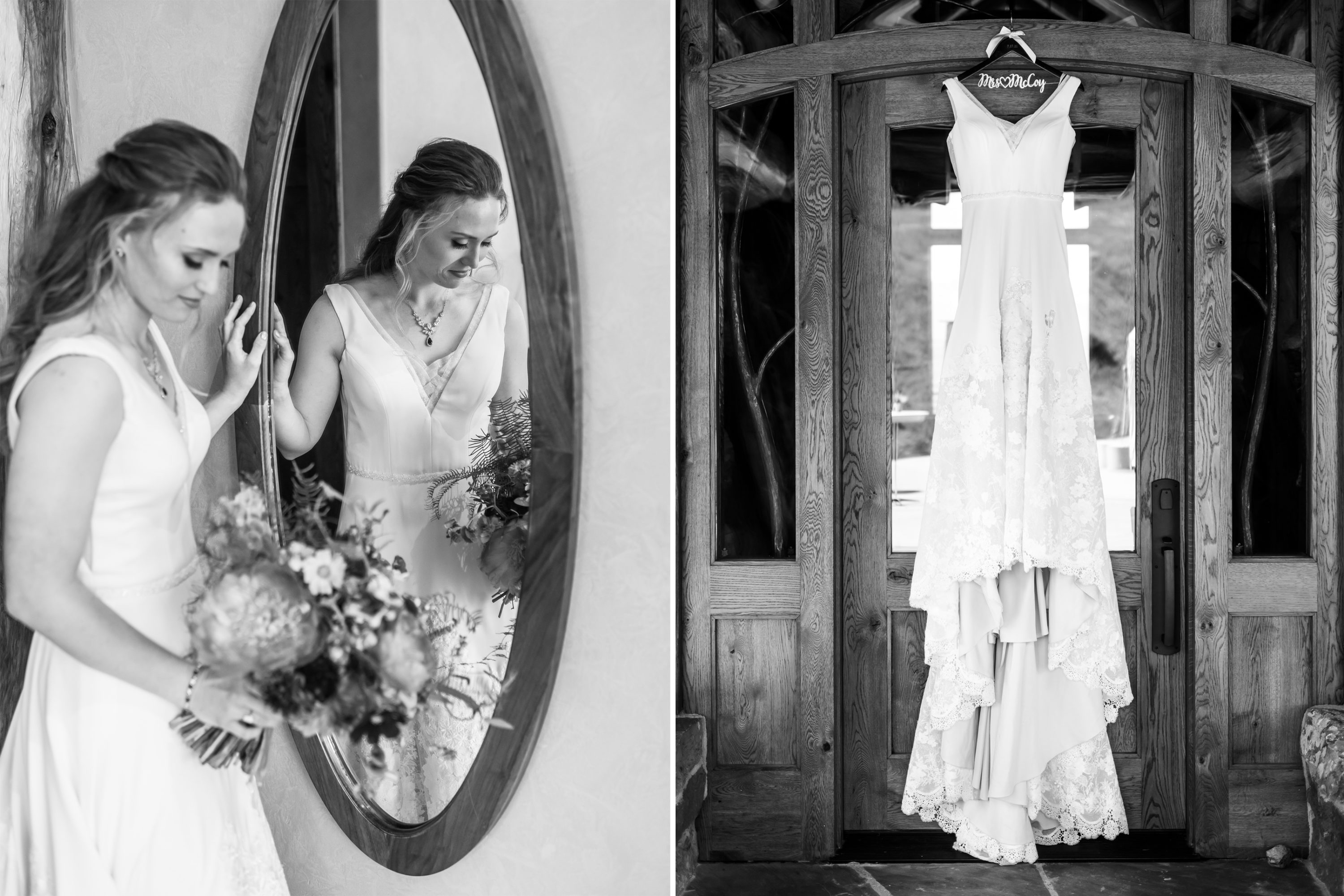 In the left frame, the bride looks down away from a mirror, and in the second frame, the dress hangs before her wedding in Telluride, Colorado.