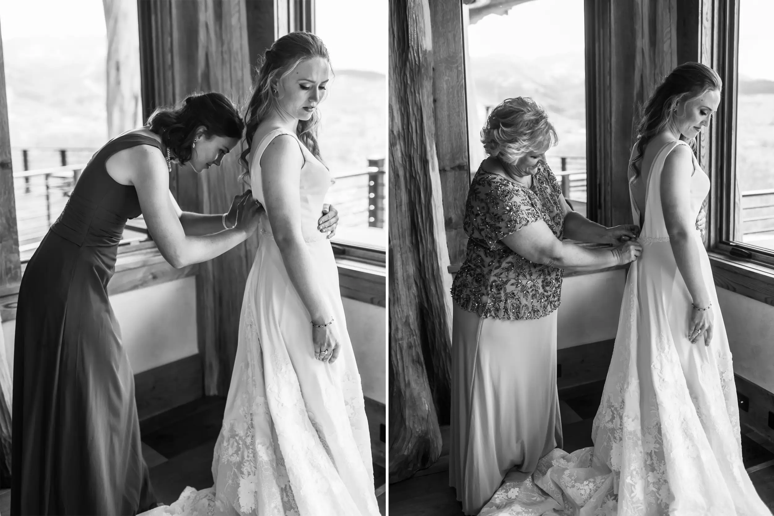 The bride's mother and sister the bride's dress before her Telluride, Colorado, wedding.