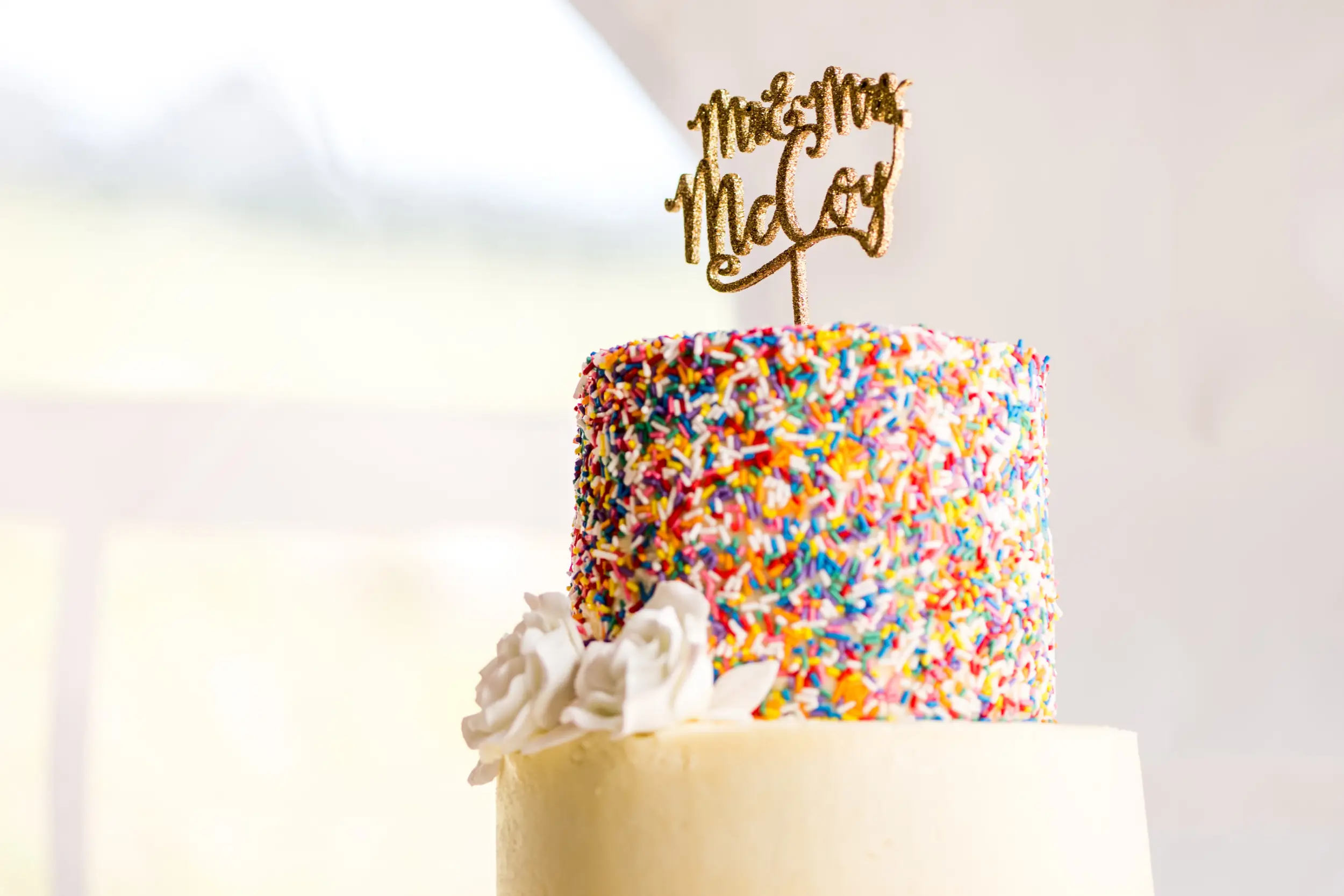 A wedding cake is on display during a wedding in Telluride, Colorado.