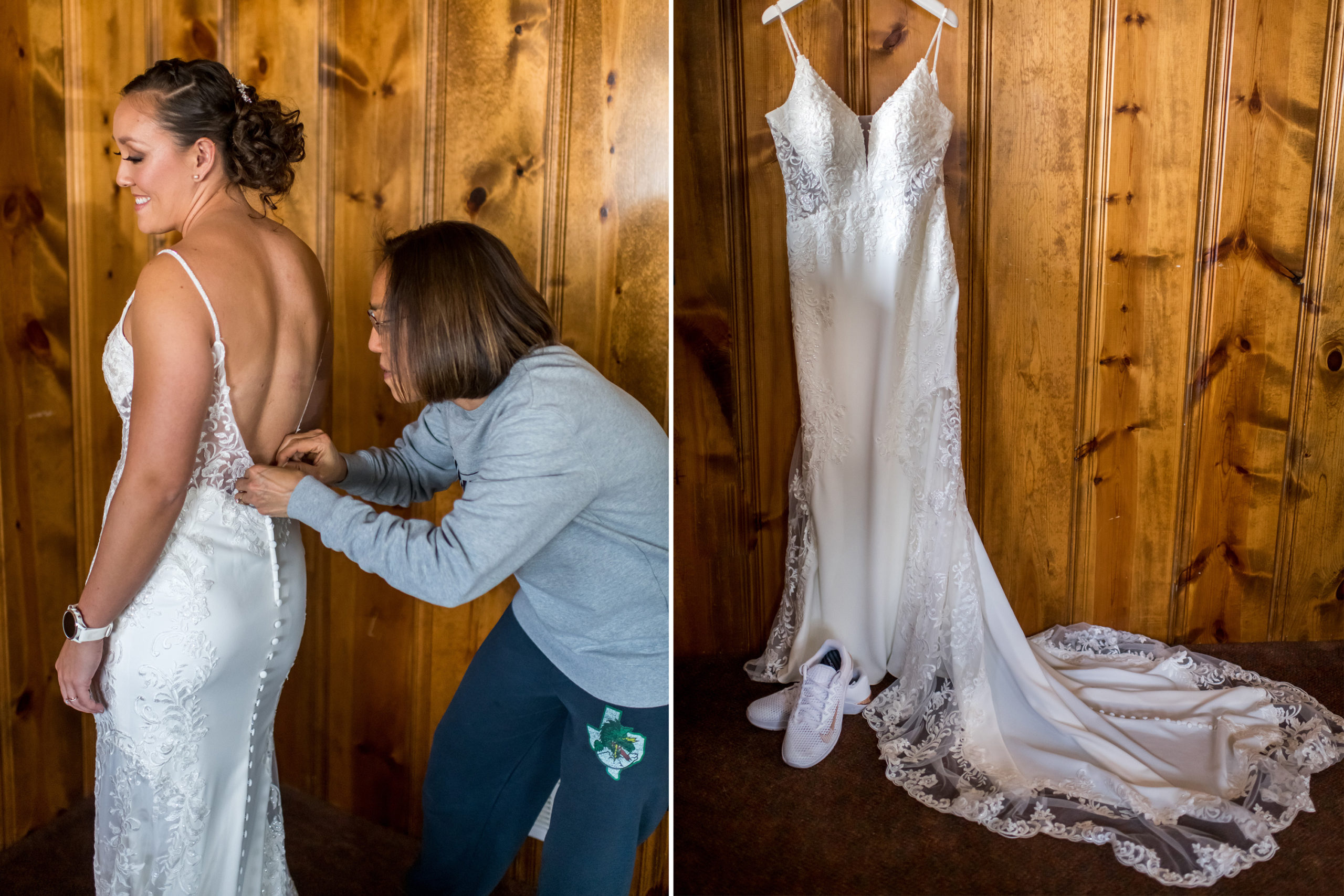 The bride gets ready in her dress during her YMCA of the Rockies wedding in Estes Park, Colorado.