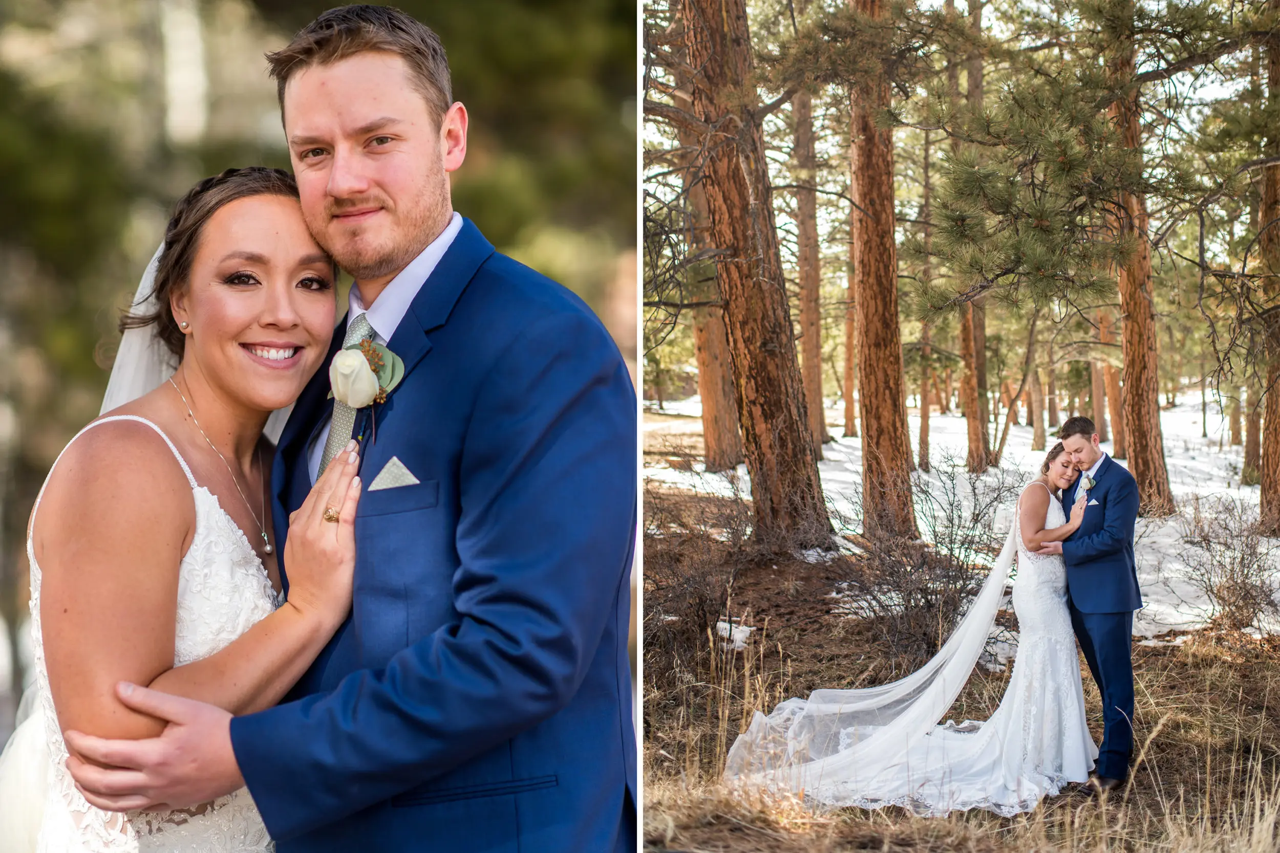The bride and groom embrace during their YMCA of the Rockies wedding in Estes Park, Colorado.