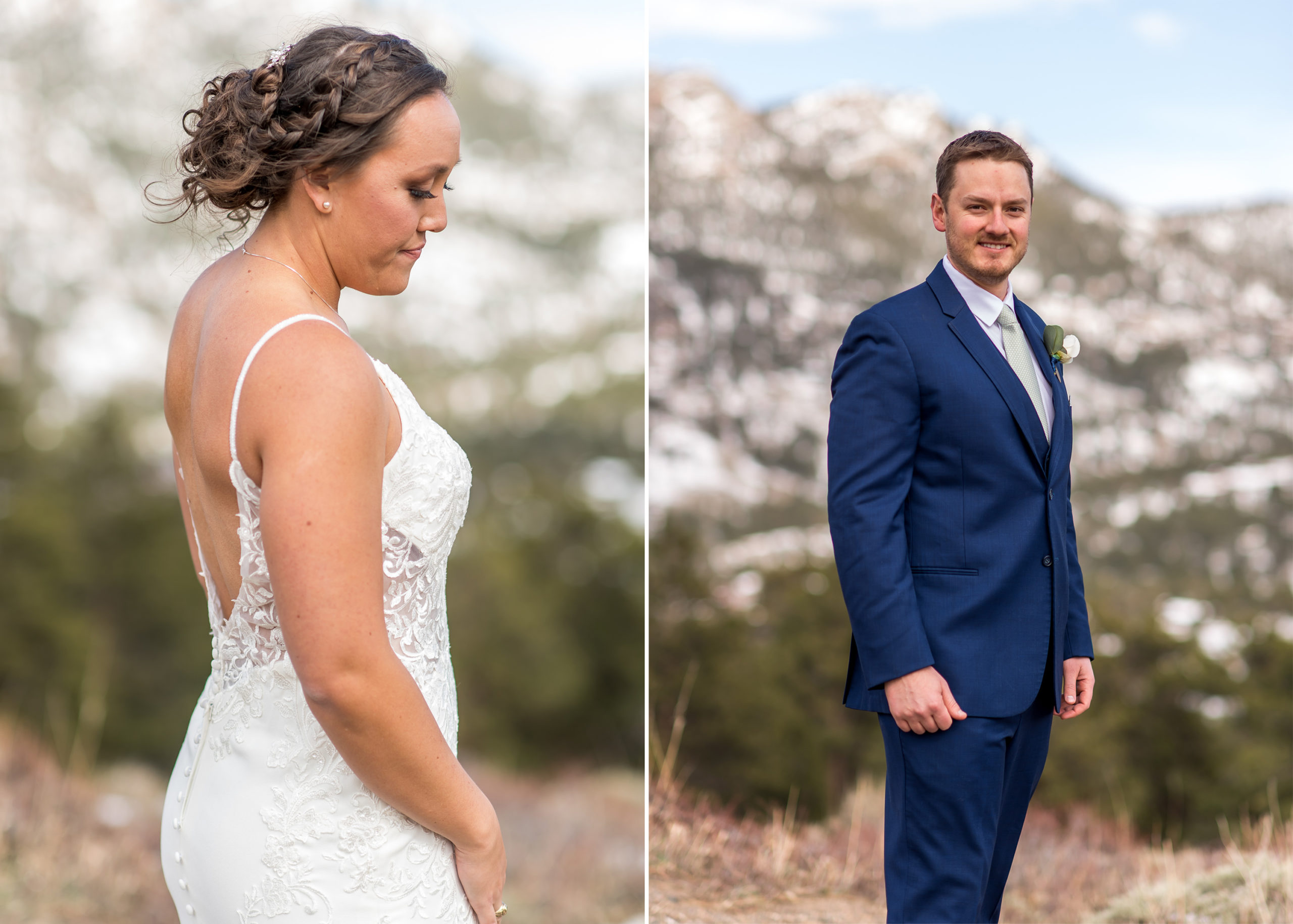 The bride and groom poses during their YMCA of the Rockies wedding in Estes Park, Colorado.