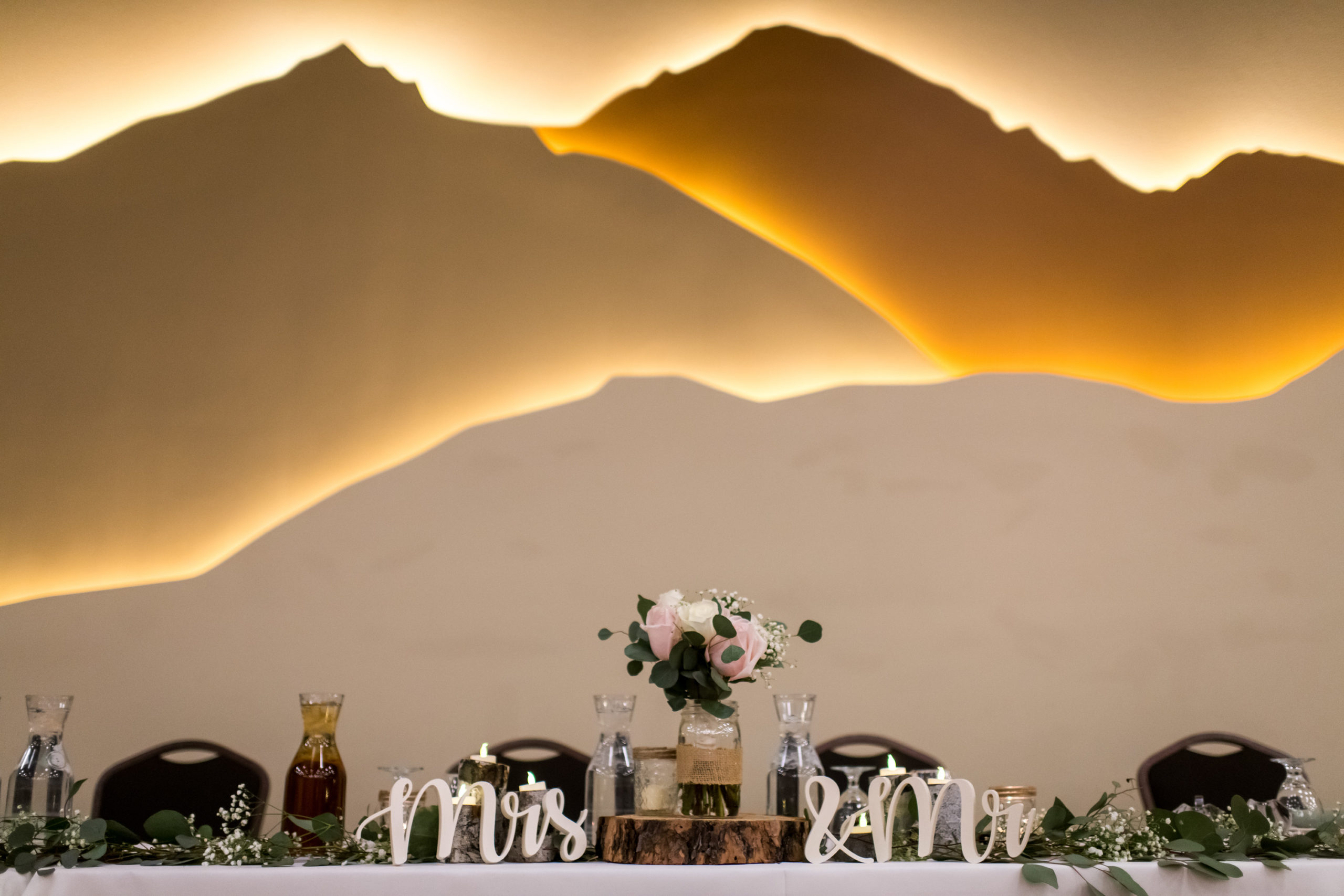 A view of the table settings during a YMCA of the Rockies wedding in Estes Park, Colorado.
