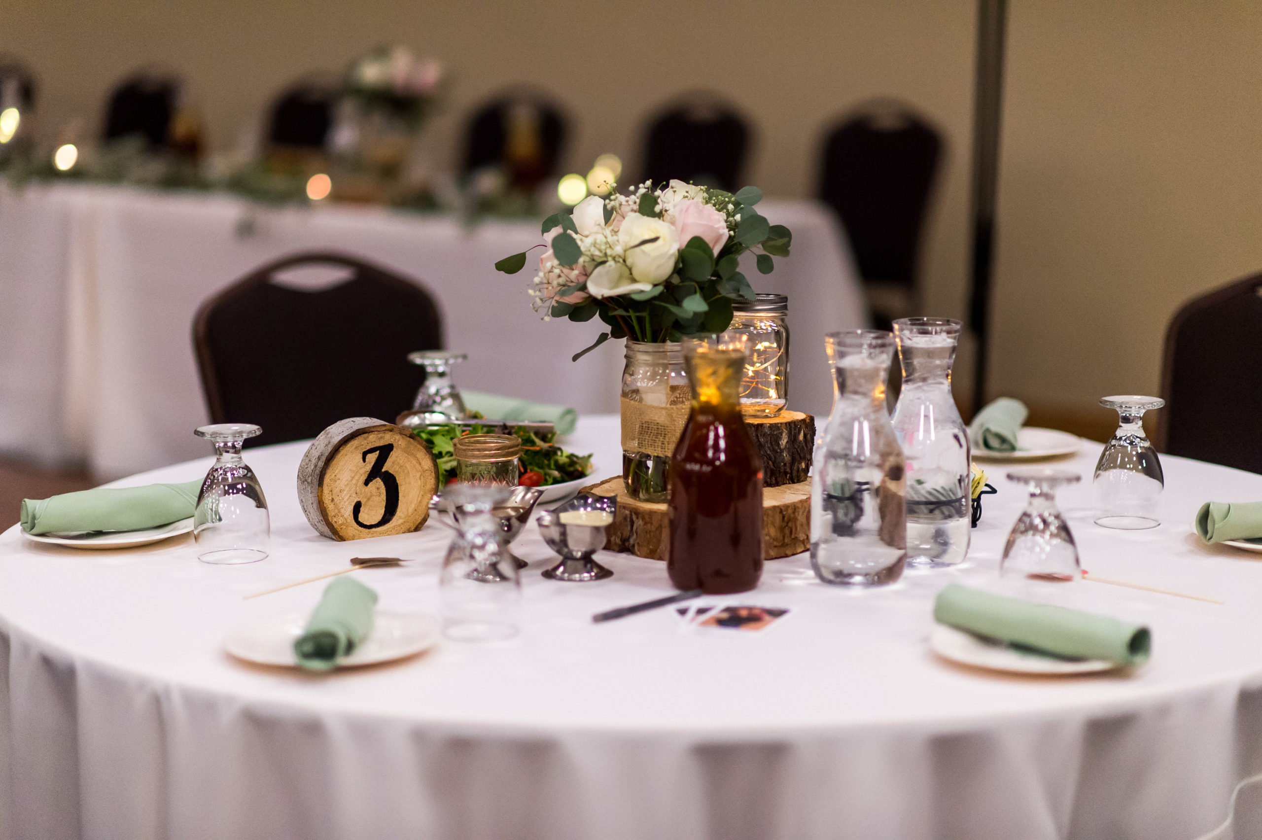 A view of the table settings at a YMCA of the Rockies wedding in Estes Park, Colorado.