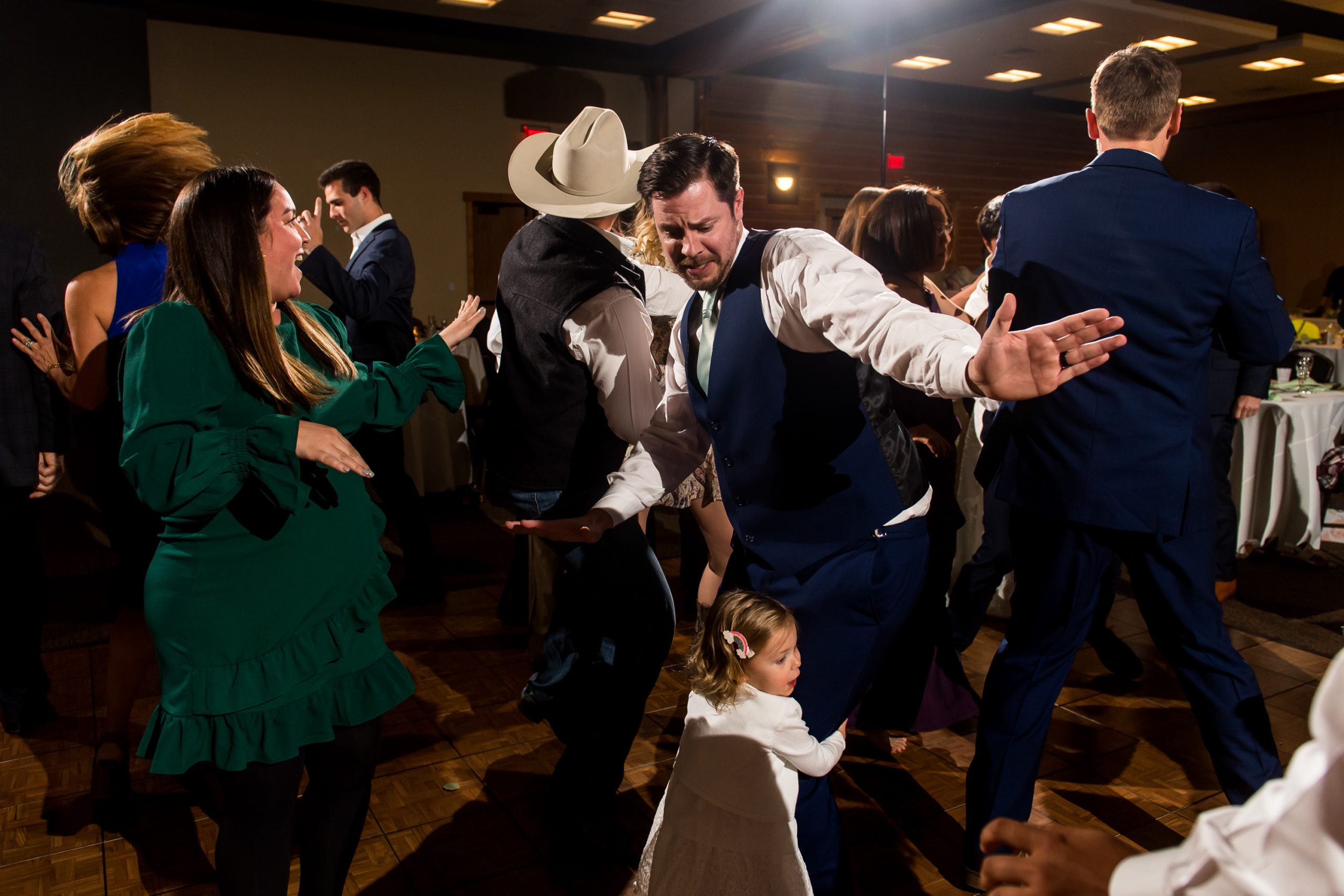 Guests dance during a YMCA of the Rockies wedding in Estes Park, Colorado.