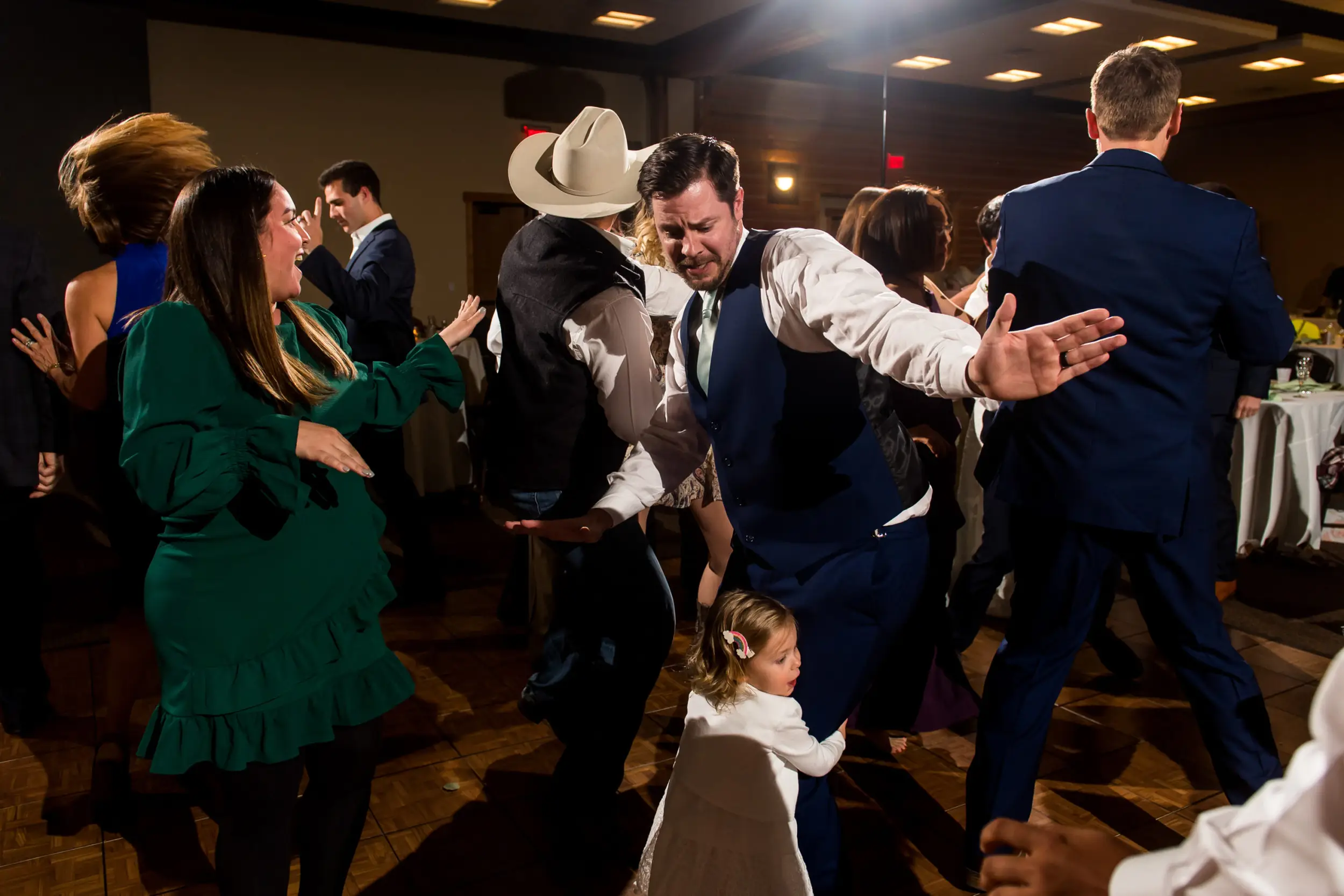 Guests dance during a YMCA of the Rockies wedding in Estes Park, Colorado.