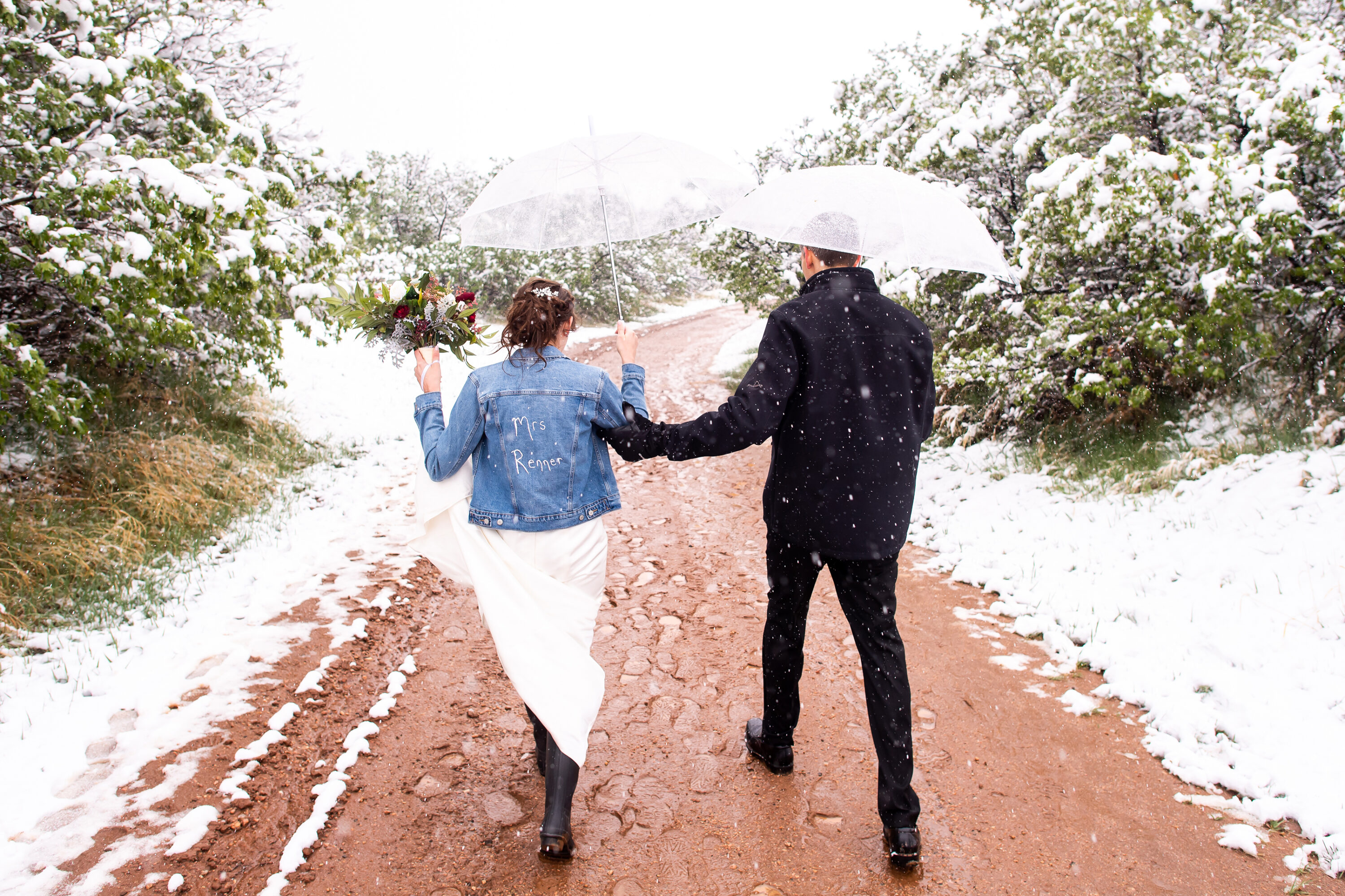 Liz and Andrew walk during their Roxborough State Park wedding in the snow.