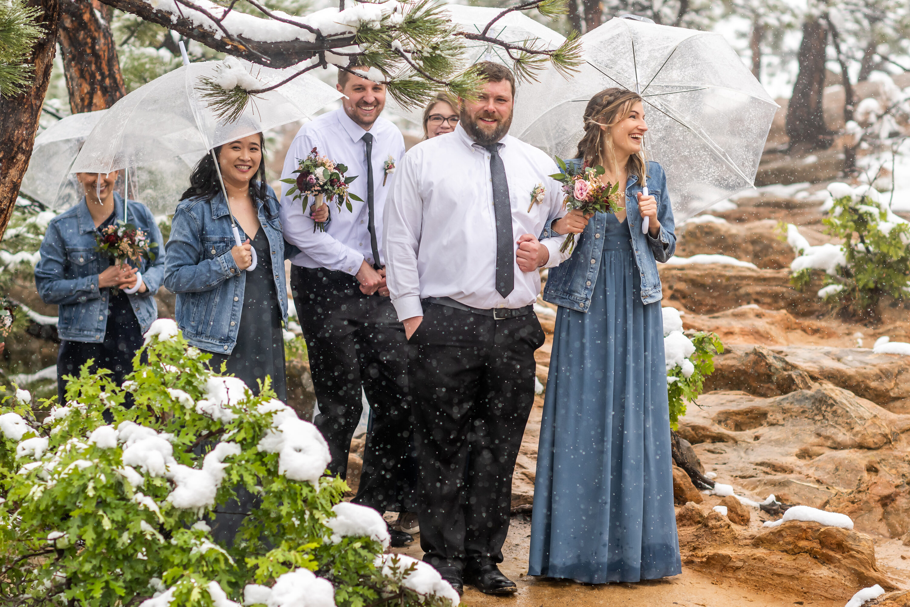 The bridal party waits during a Roxborough State Park wedding at Lyons Overlook in the snow.