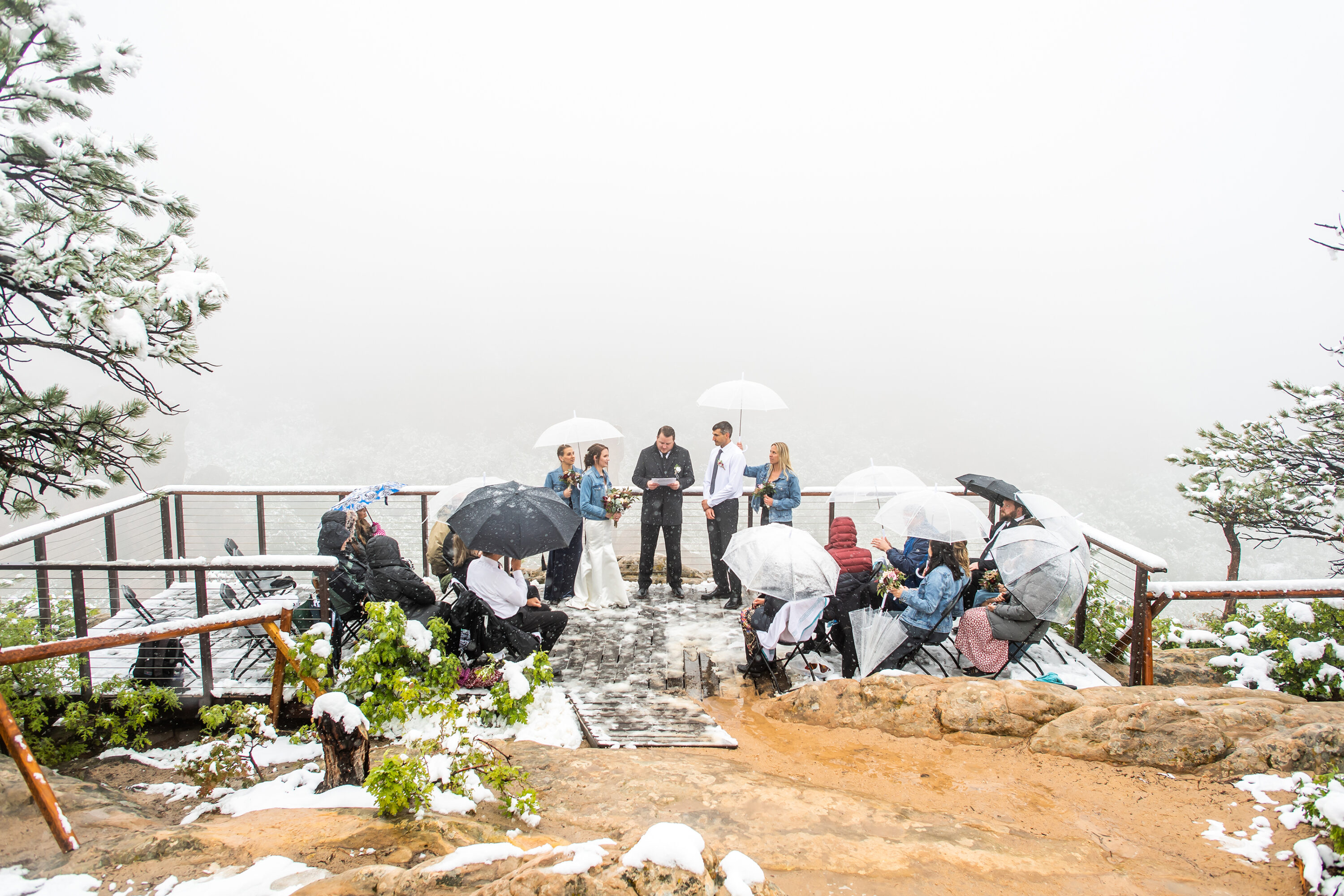 A general view of a Roxborough State Park wedding at Lyons Overlook in the snow.