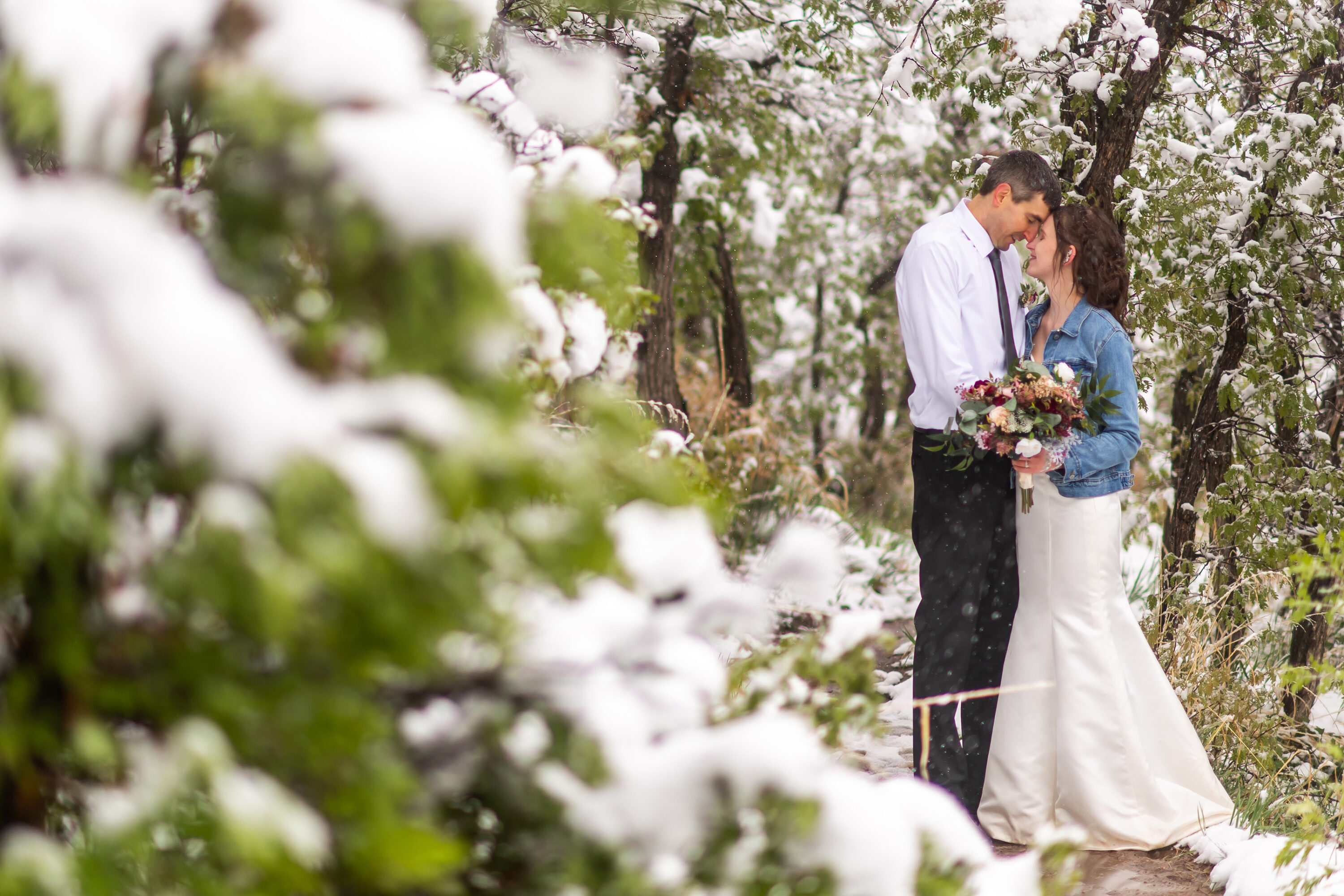 Andrew and Liz embrace at their Roxborough State Park wedding at Lyons Overlook in the snow.