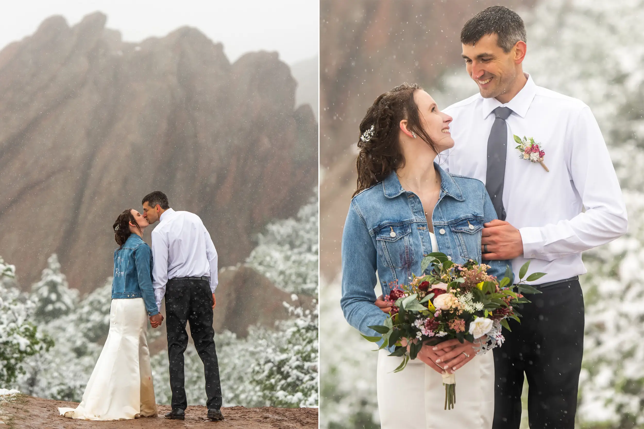 Andrew and Liz look at each other during their Roxborough State Park wedding at Lyons Overlook in the snow.