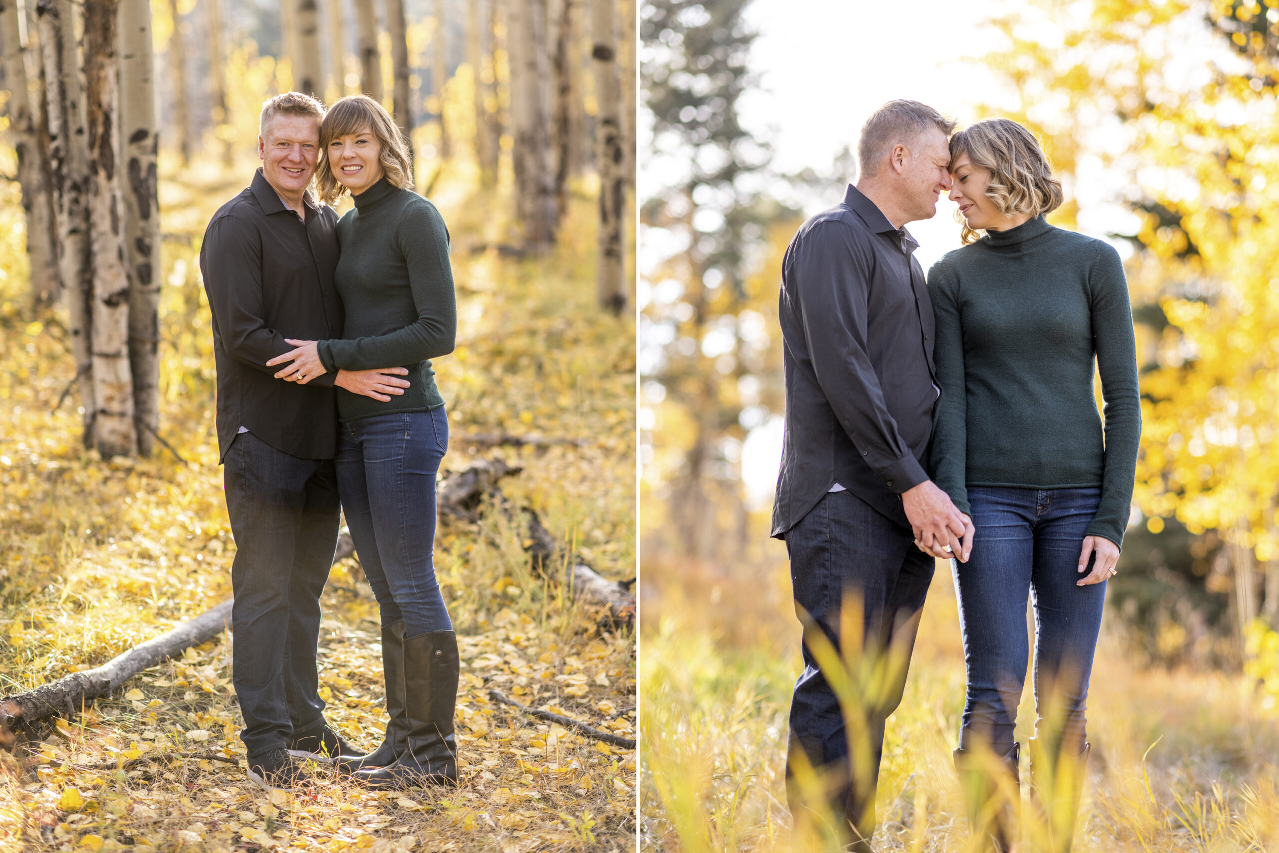 A diptych photo of a man in a black collared shirt and a woman in a green turtle neck hugging and facing the camera. In the second photo, the man and woman face each other with eyes closed and hold hands during an engagement session at Meyer Ranch Park in Colorado.