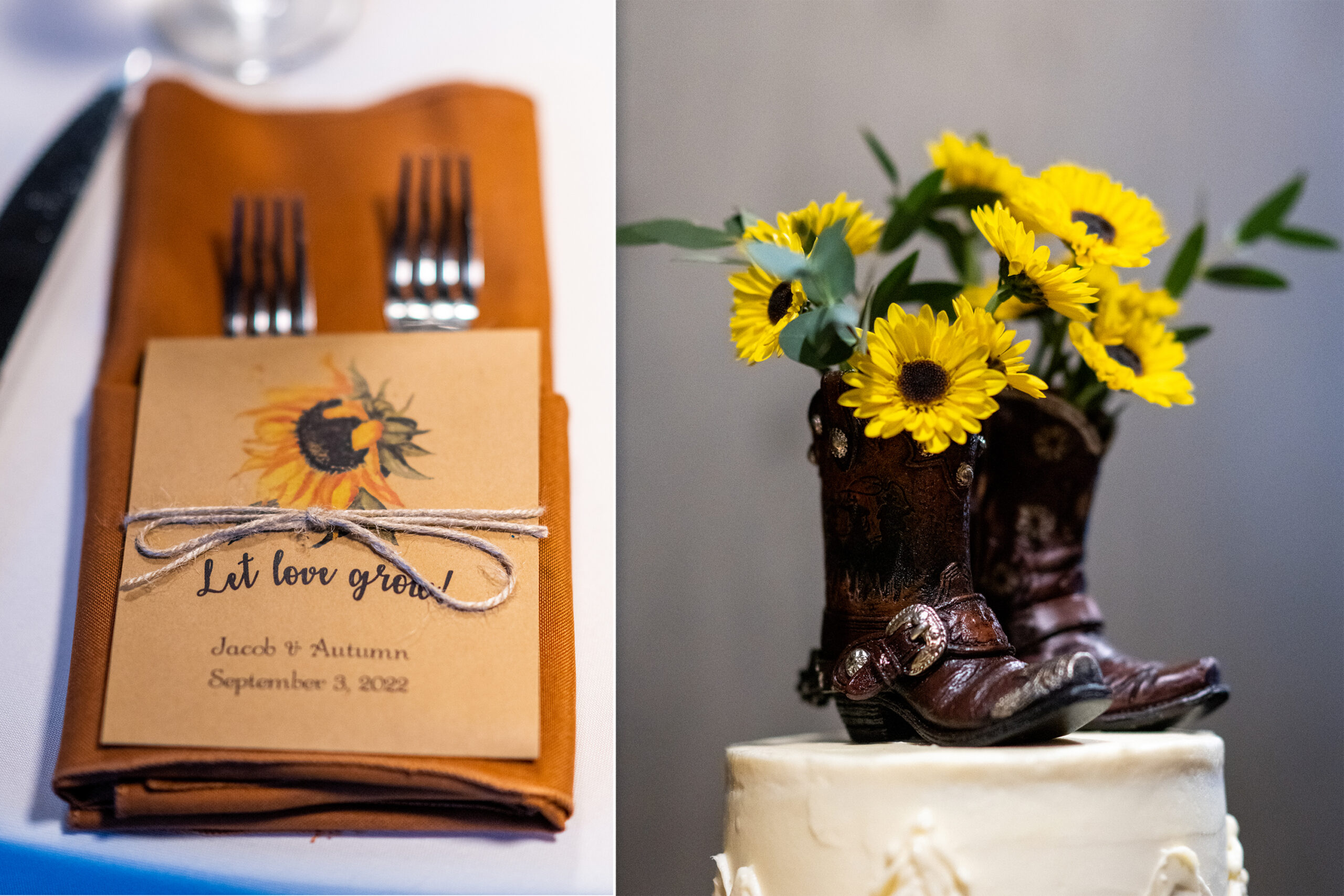 At left, a setup with forms, stationary, napkin saying "Let Love Grow" next to another picture of boots on a wedding cake with sunflowers at the Rose Event Center in Golden, Colorado, for a wedding.