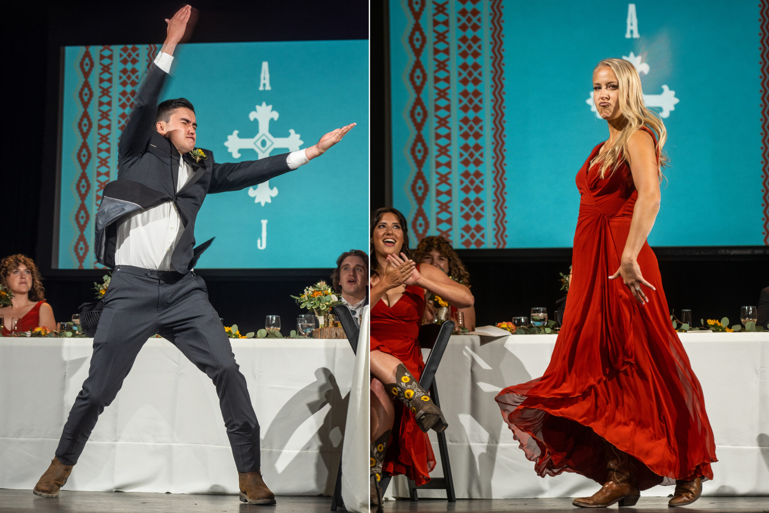 A groomsman, left, and a bridesmaid, right, dance solo on stage during a wedding reception at the Rose Event Center in Golden, Colorado.