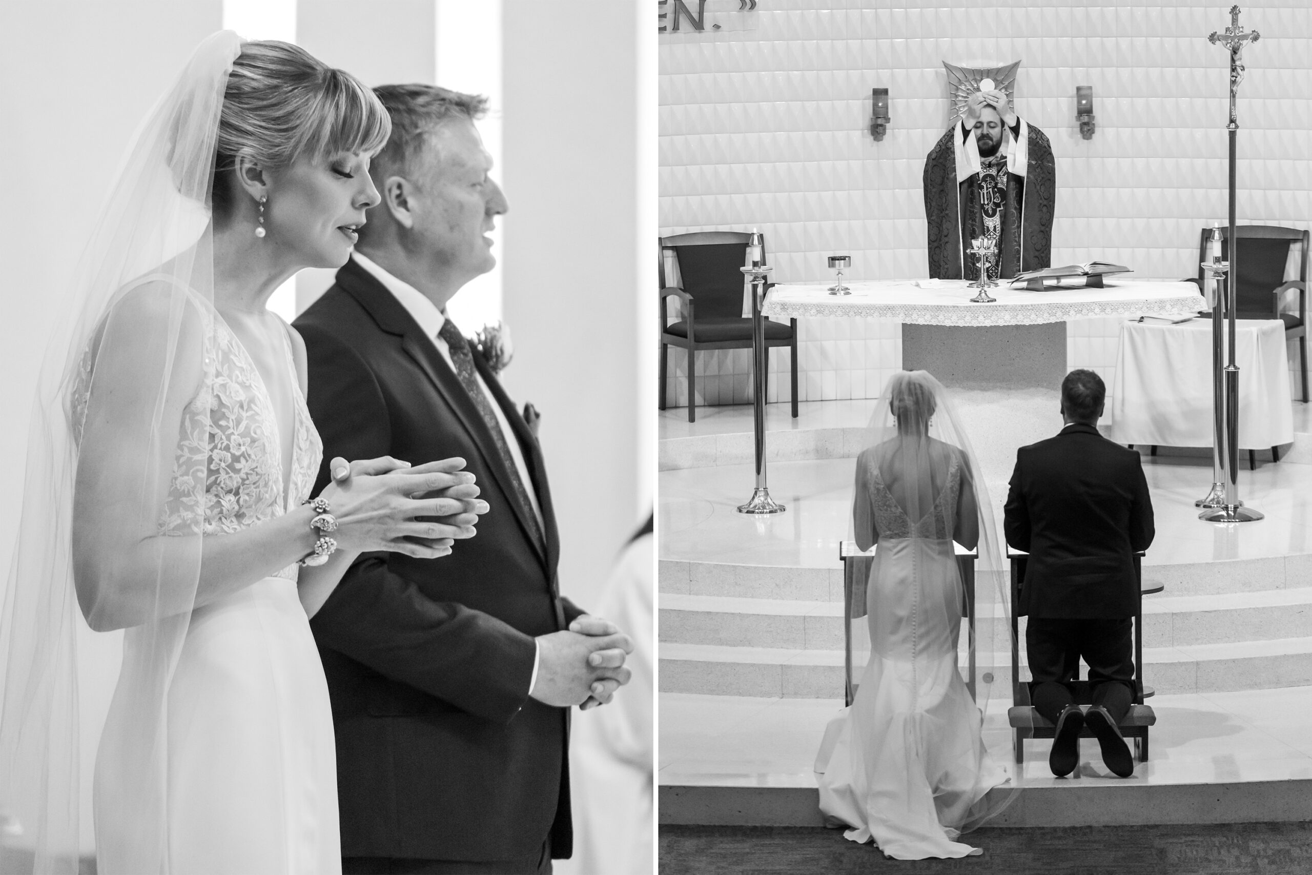 The bride and groom look on during their Risen Christ Church Denver wedding in Denver, Colorado.