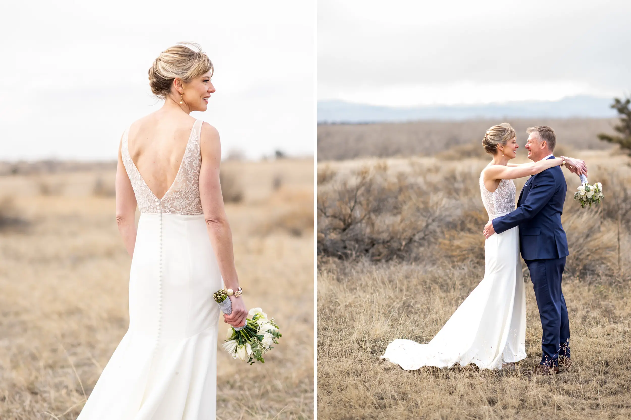 The bride and groom pose for couples photos at Cherry Creek State Park outside of Denver, Colorado.