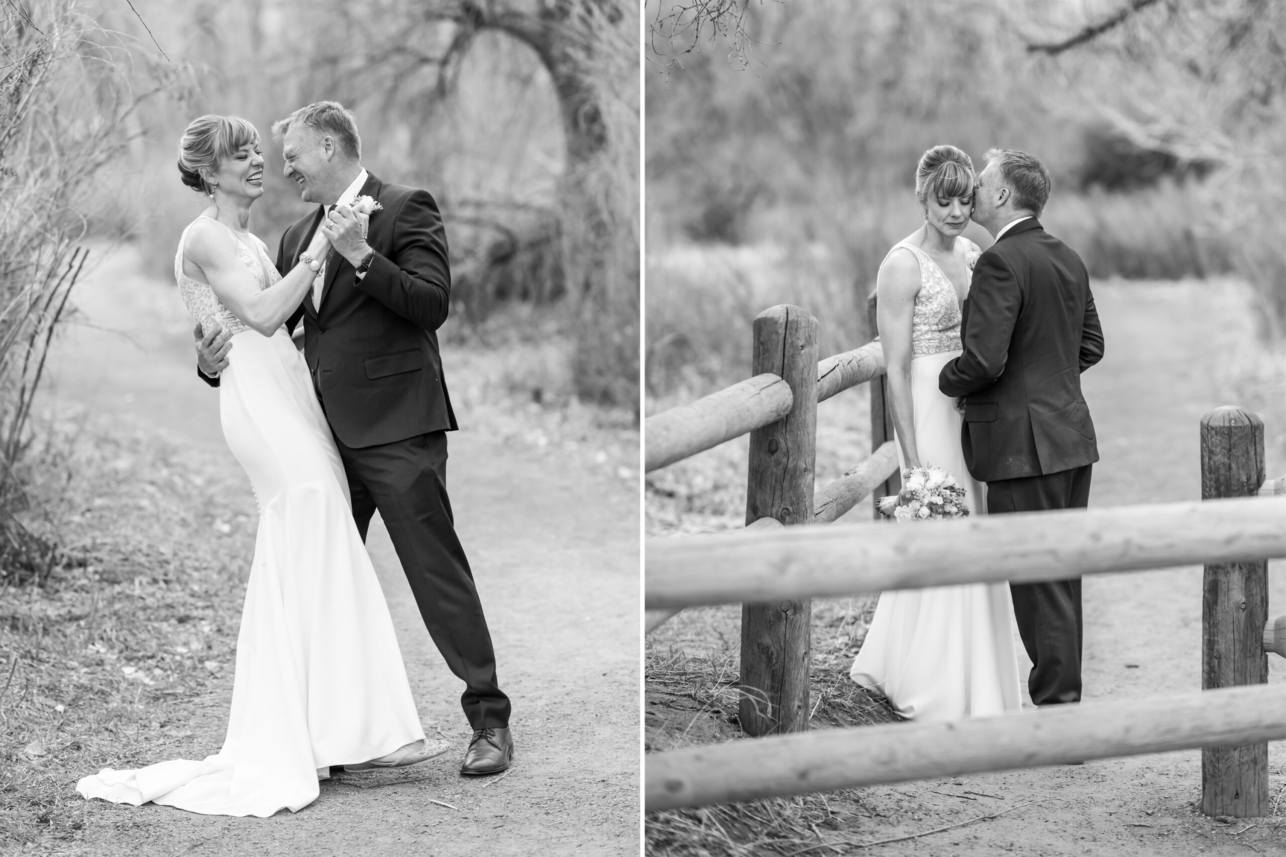 The bride and groom pose for couples photos at Cherry Creek State Park outside of Denver, Colorado.
