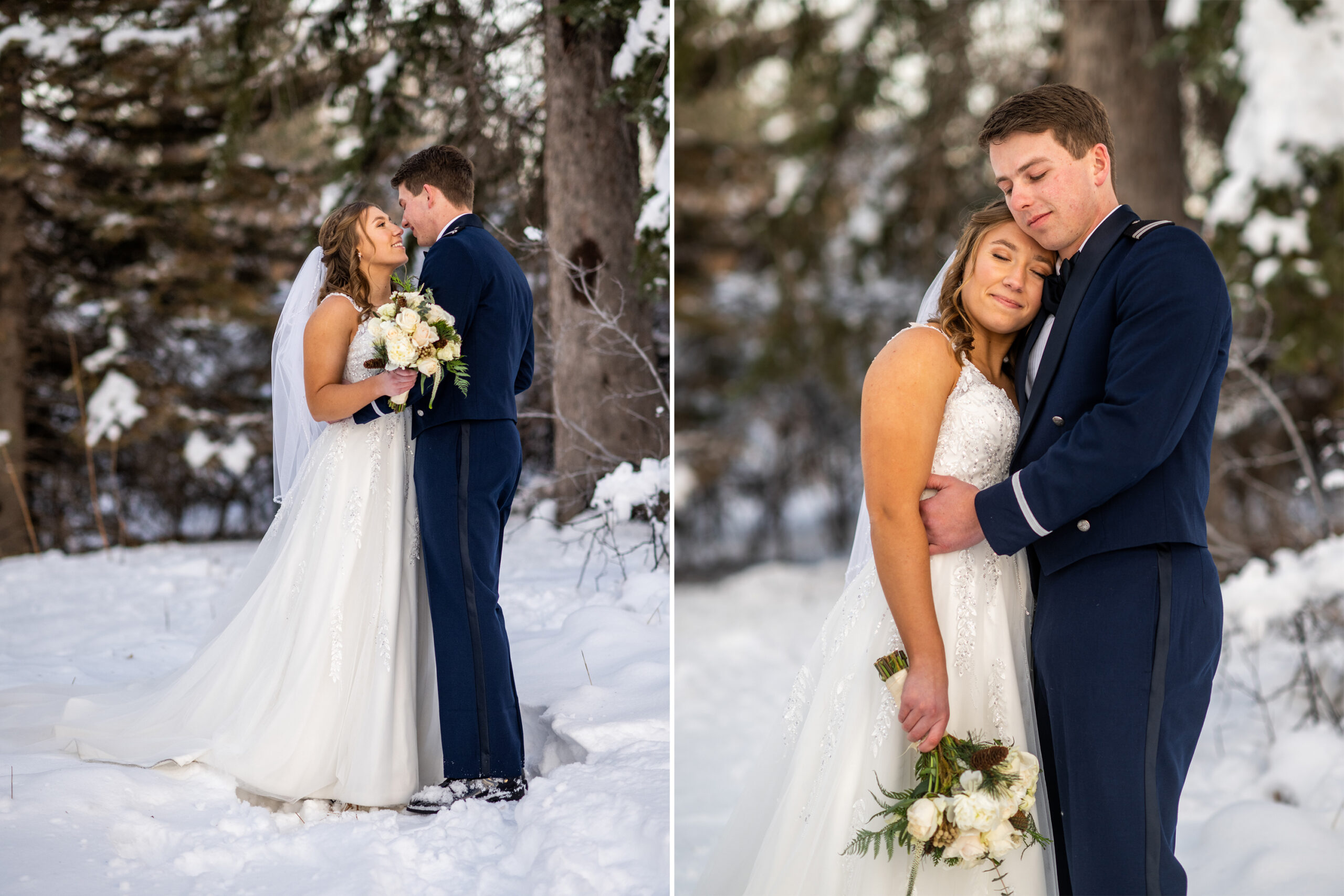 The bride and groom pose in freshly fallen snow at Fly'n B Park in Littleton, Colorado, during their wedding at Ashley Ridge by Wedgewood Weddings.