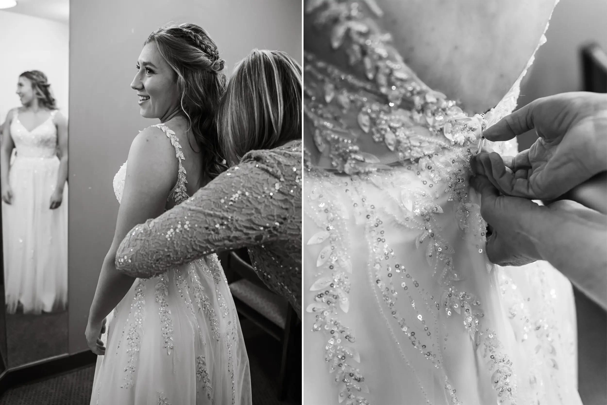 Jaime finishes putting on the dress at her St. Thomas More Catholic Church wedding in Centennial, Colorado.