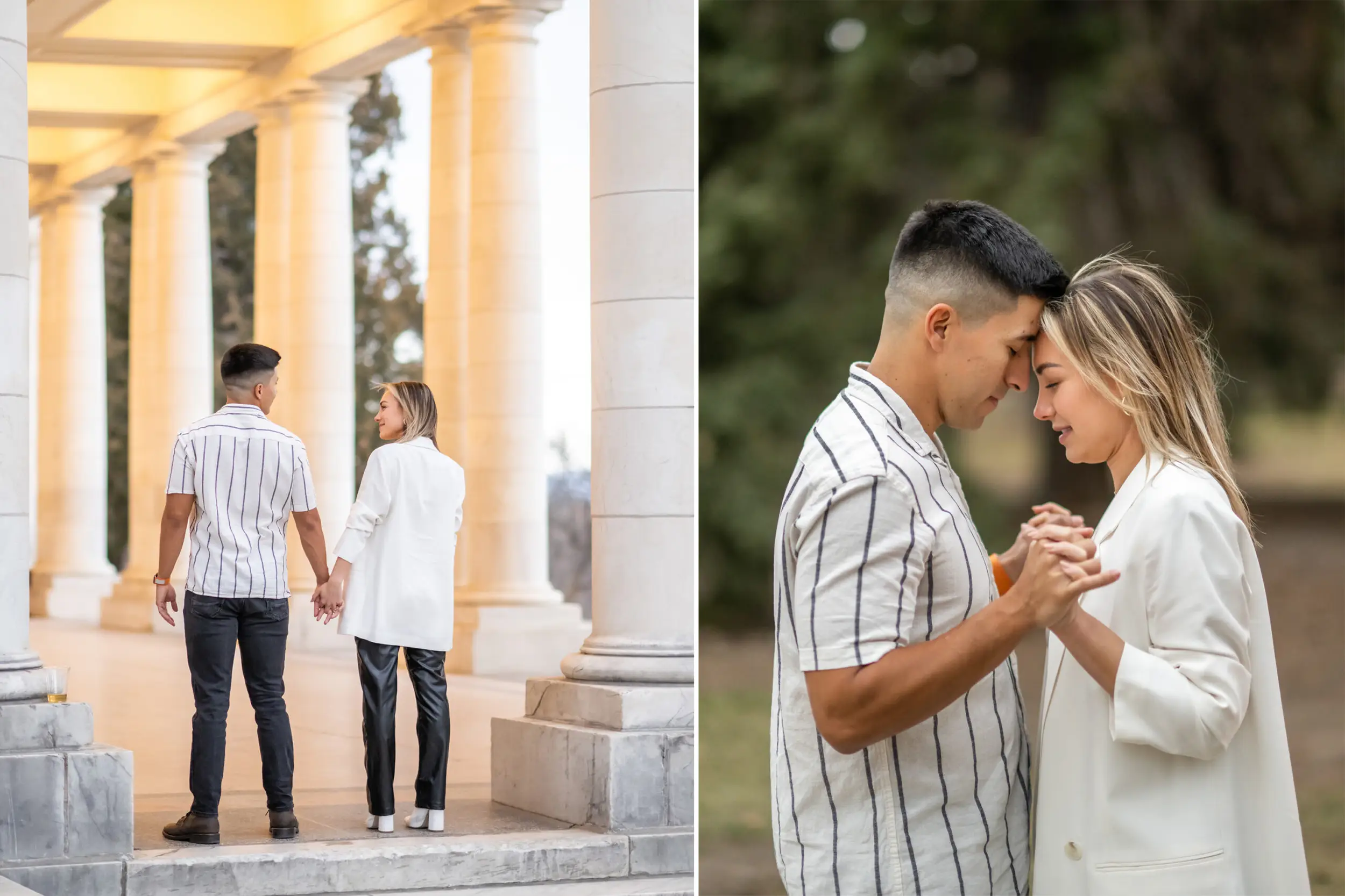 Nick and Codi embrace after a Cheesman Park secret proposal in Denver, Colorado.