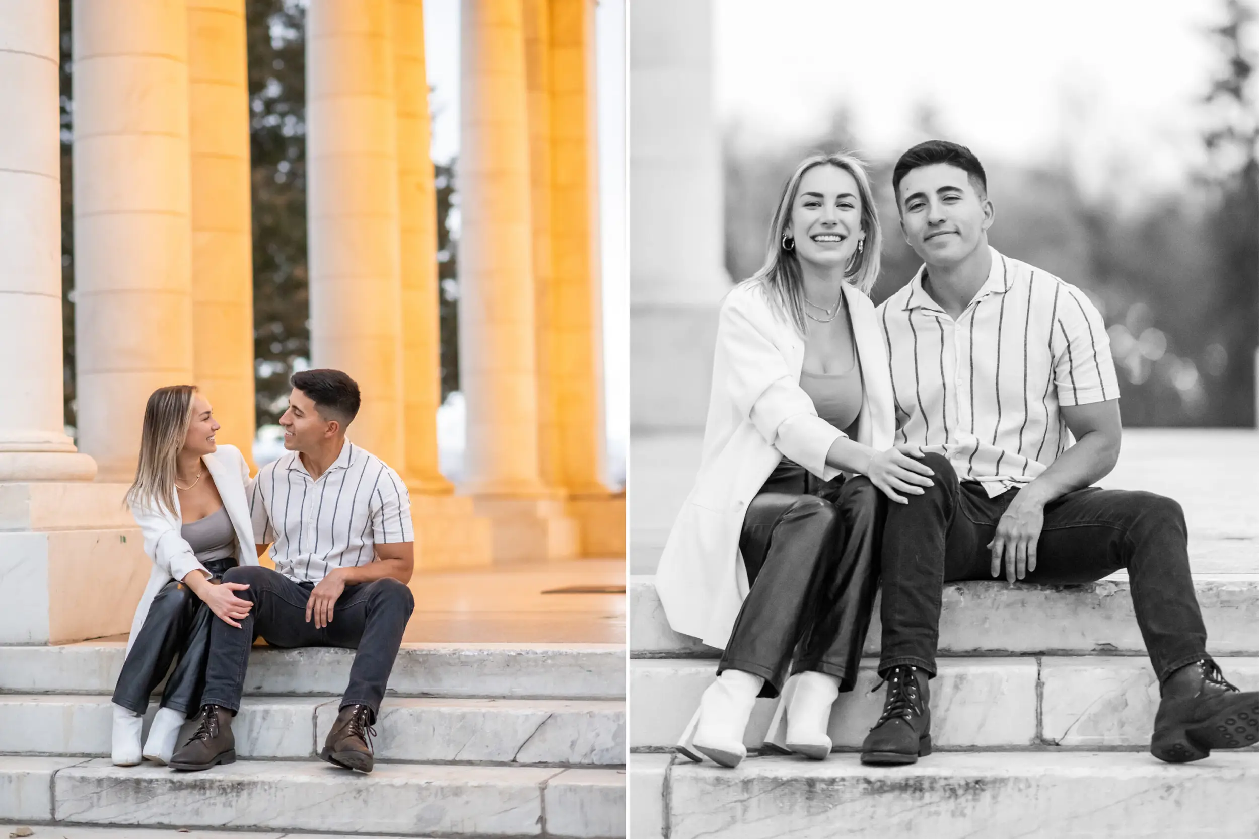 Nick and Codi embrace after a Cheesman Park secret proposal in Denver, Colorado.