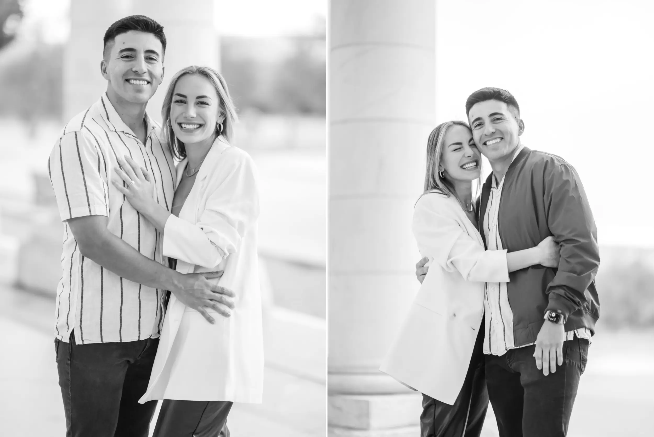 Nick and Codi embrace after a Cheesman Park secret proposal in Denver, Colorado.