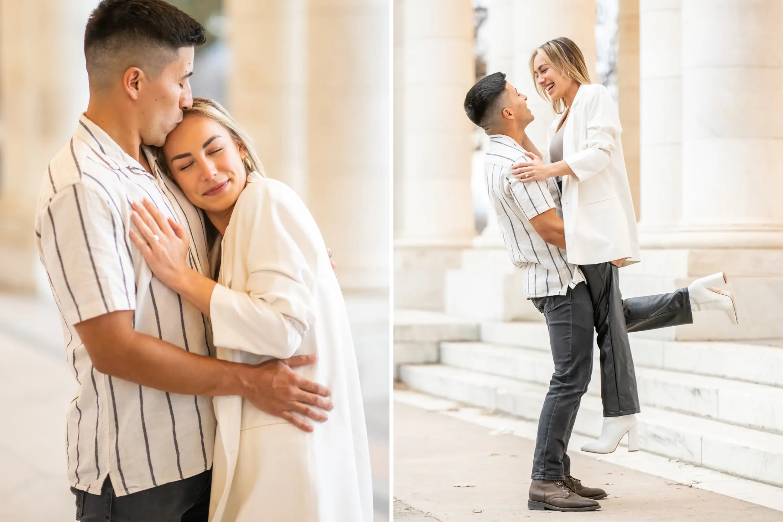 Nick and Codi embrace after a Cheesman Park secret proposal in Denver, Colorado.