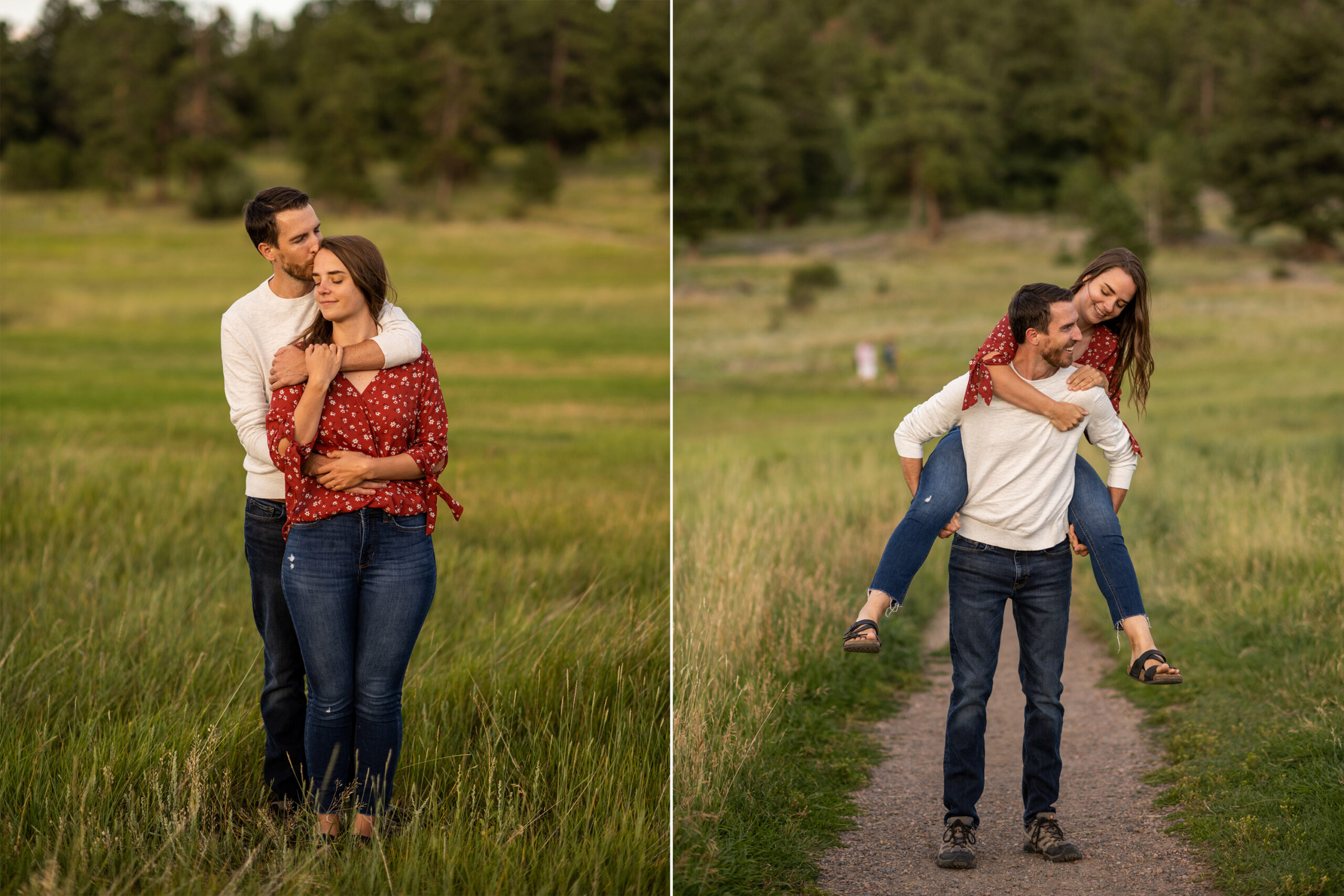 Alice and Joe pose and do piggyback during an engagement photo shoot at Three Sisters Park in Evergreen, Colorado.