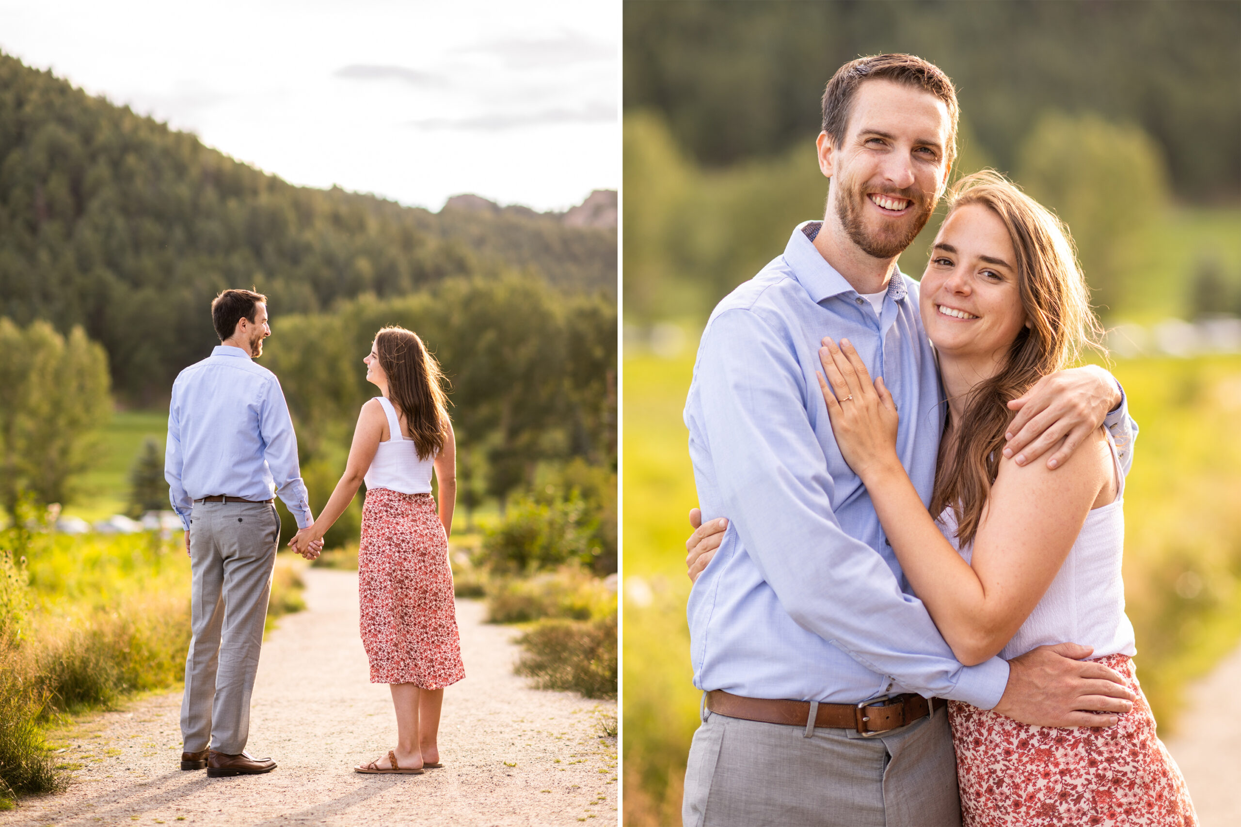 Alice and Joe hold hands and hug during an engagement photo shoot at Evergreen Lake in Evergreen, Colorado.