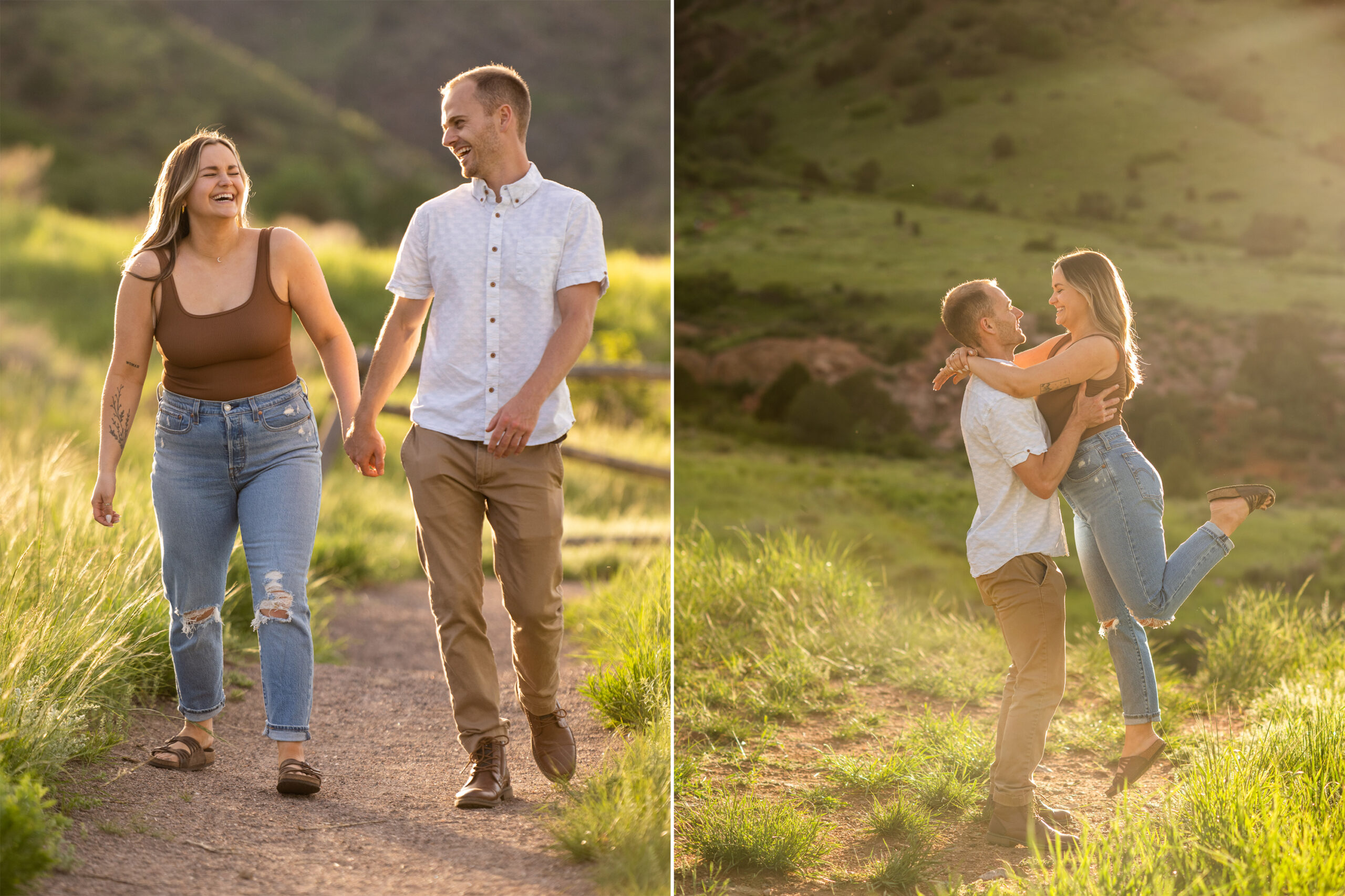 Elizabeth and Ryan embrace during a surprise proposal at Mt. Falcon Park East Trailhead near Denver, Colorado.