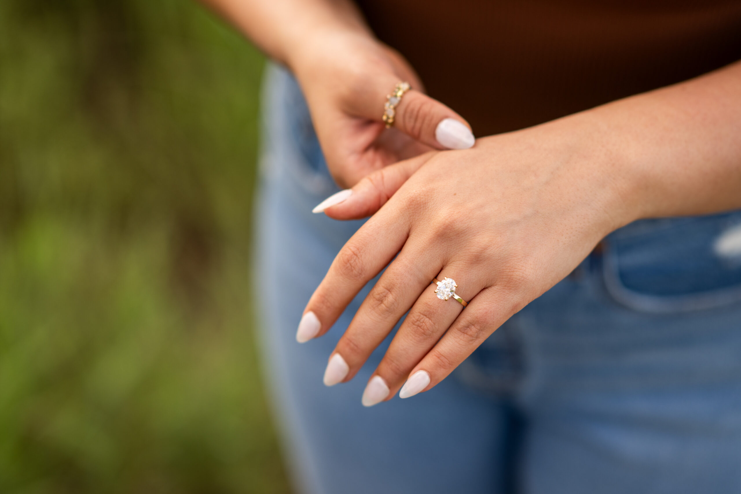 Elizabeth's engagement ring after a surprise proposal at Mt. Falcon Park East Trailhead near Denver, Colorado.