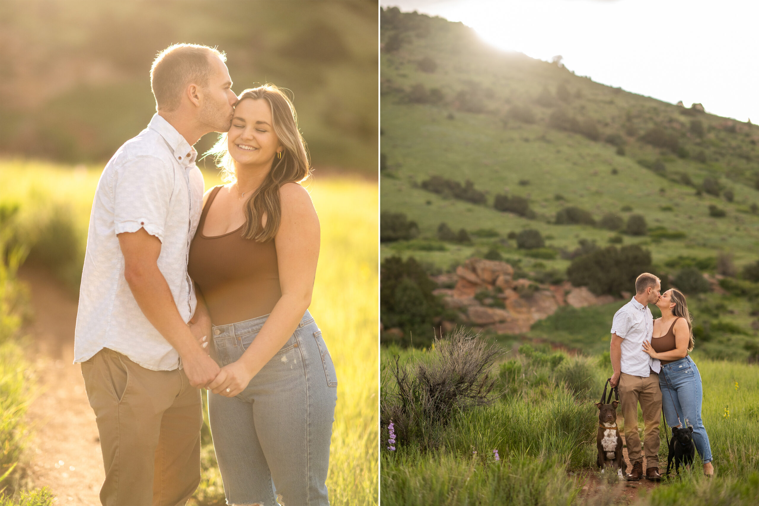 Ryan and Elizabeth and their dogs hug during surprise proposal and engagement photos at Mt. Falcon Park East Trailhead near Denver, Colorado.