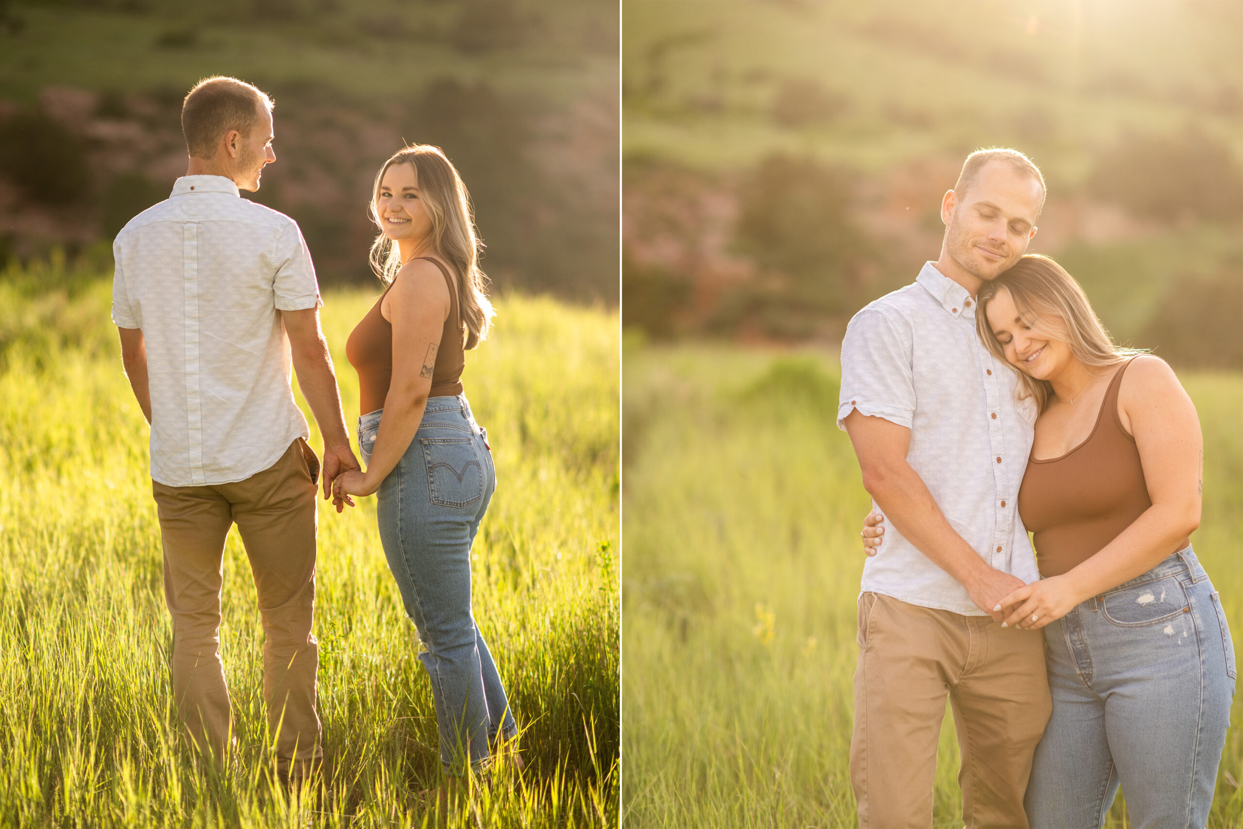 Ryan and Elizabeth hug during surprise proposal and engagement photos at Mt. Falcon Park East Trailhead near Denver, Colorado.