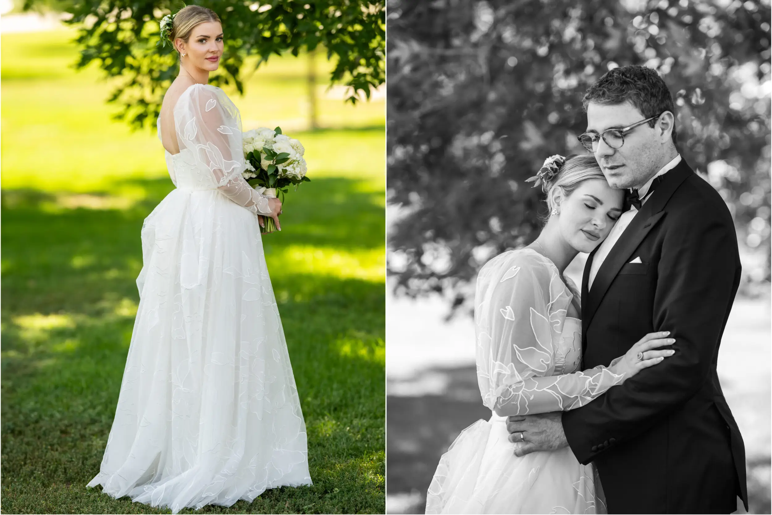 In this diptych photo, a bride, left, poses with her bouquet while the bride and groom, right, embrace in City Park in Denver, Colorado, after their wedding ceremony.