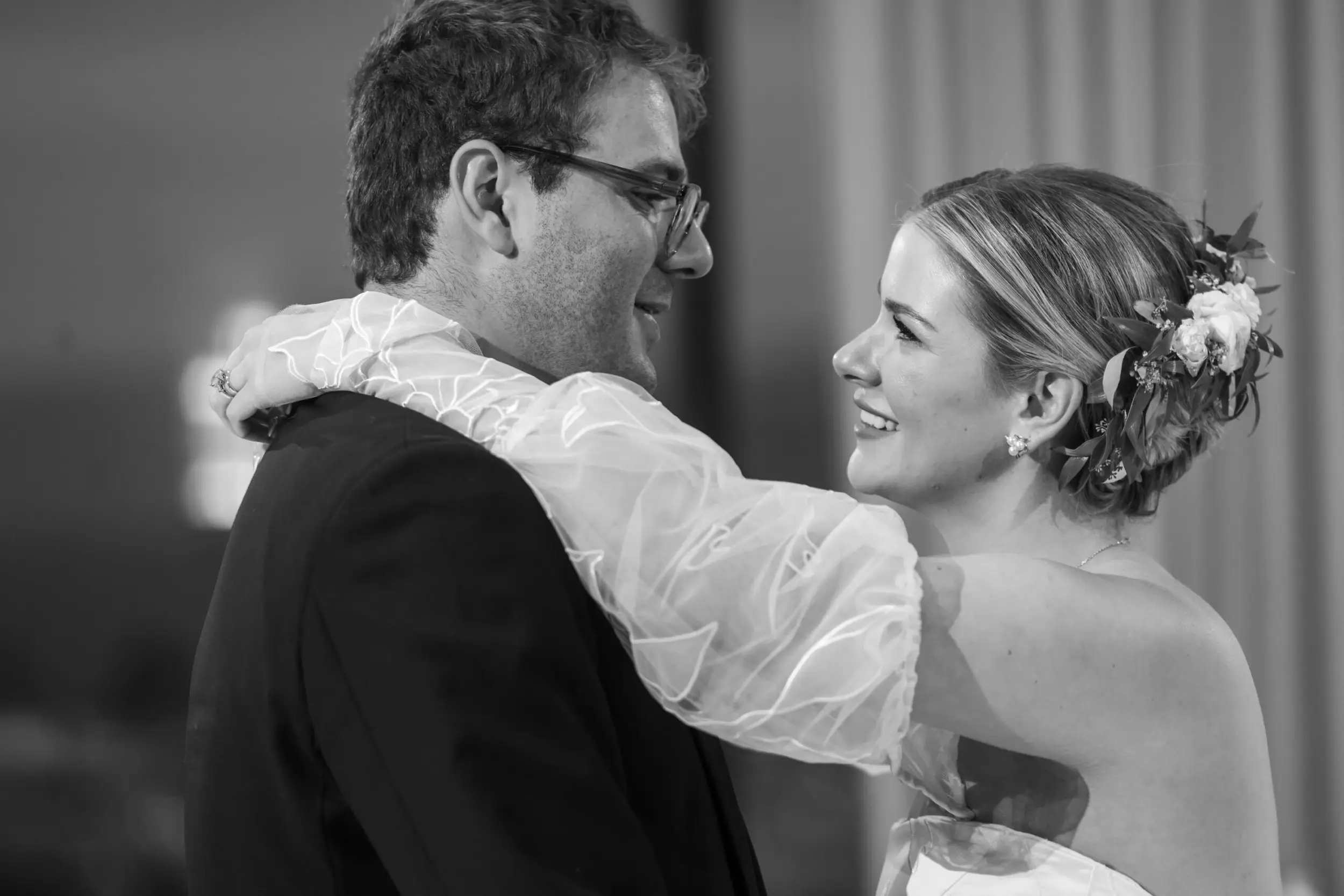 A bride and groom dance at their wedding at the Pinnacle Club at the Grand Hyatt in Denver, Colorado.