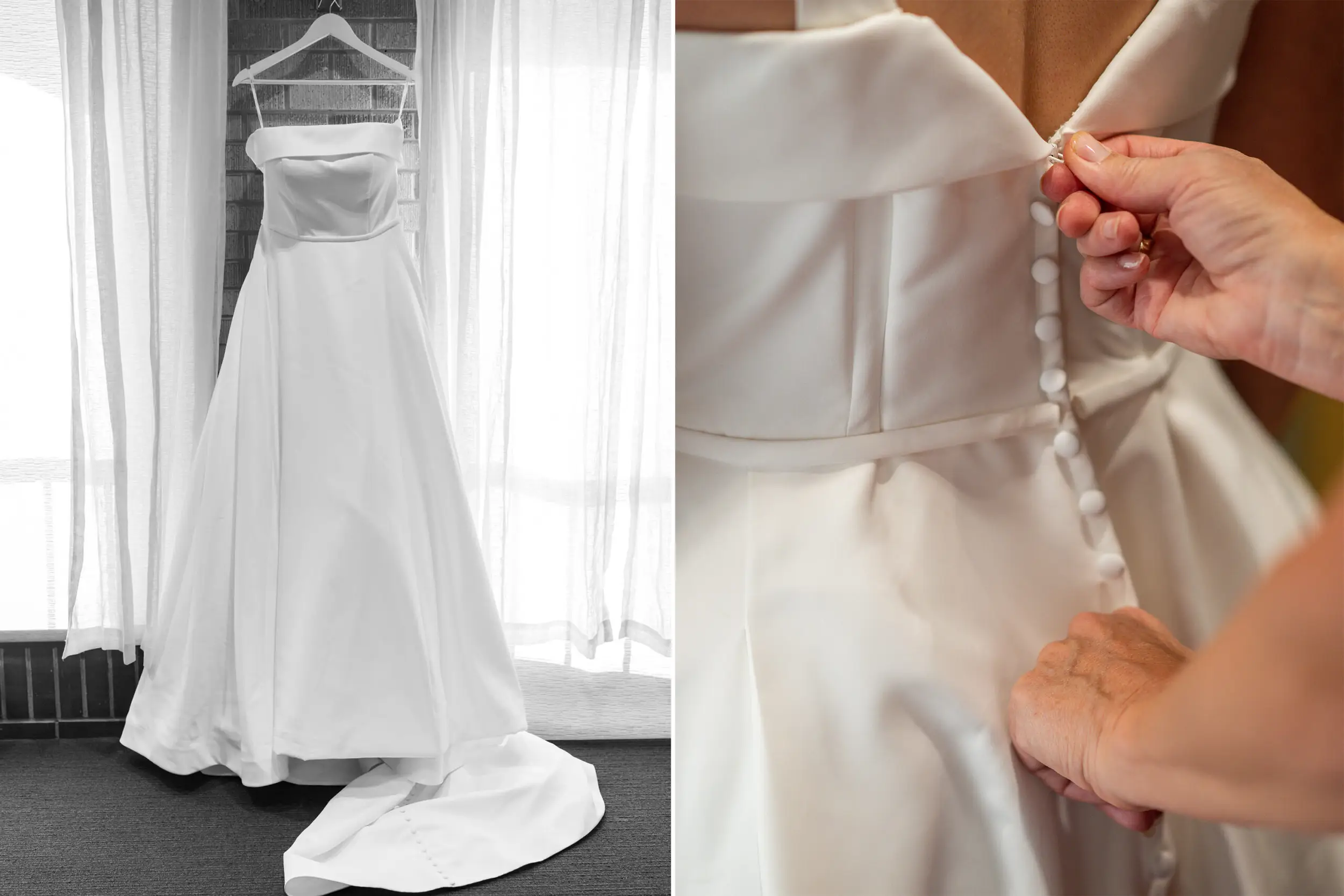 At left, the wedding dress is seen hanging in the bridal room before a wedding dress Our Lady of Lourdes Catholic Church in Denver, Colorado. At right, the bride's mother zips up the dress.
