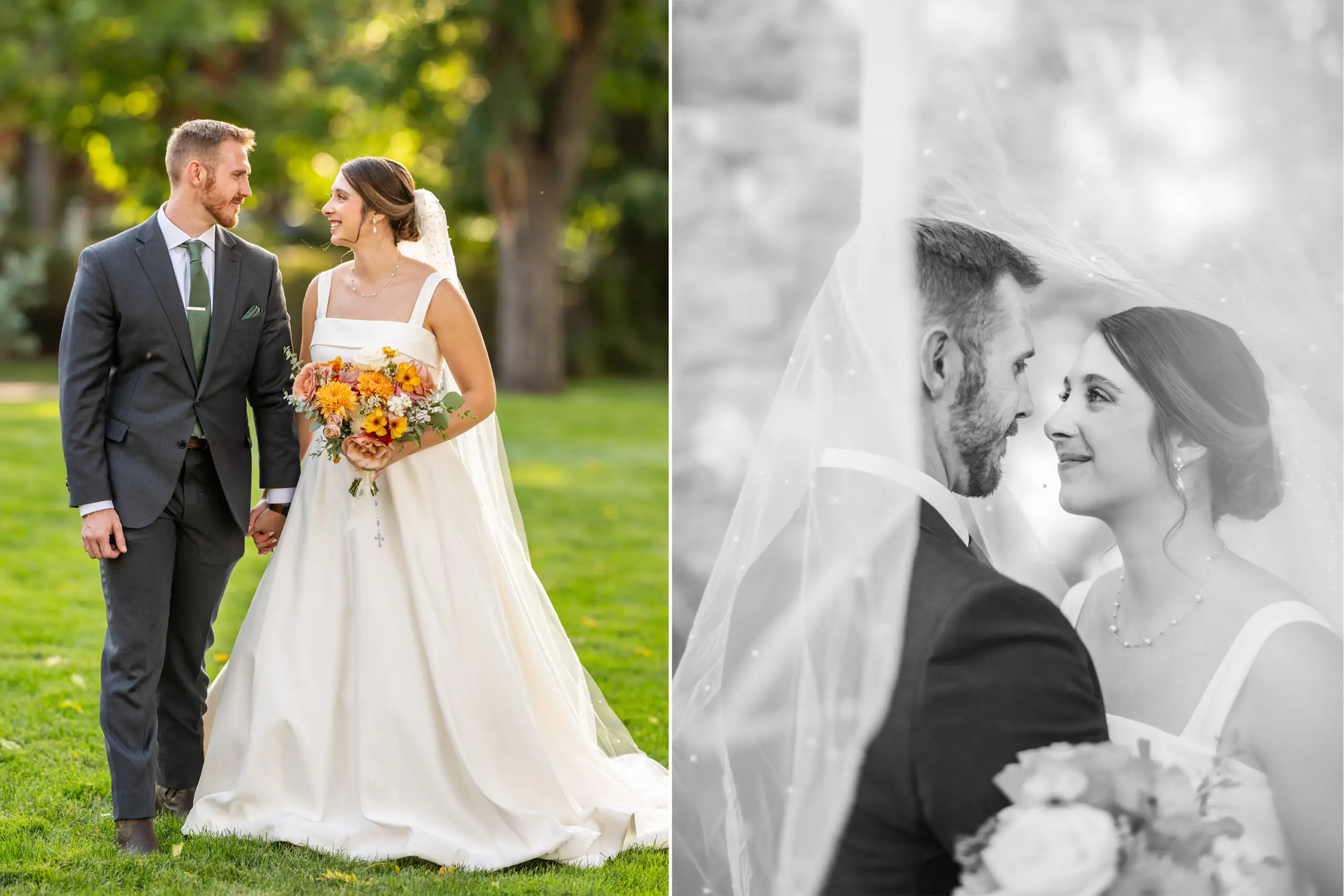 A groom dips his bride as they recess out of the church after their wedding Mass at Our Lady of Lourdes Catholic Church in Denver, Colorado.