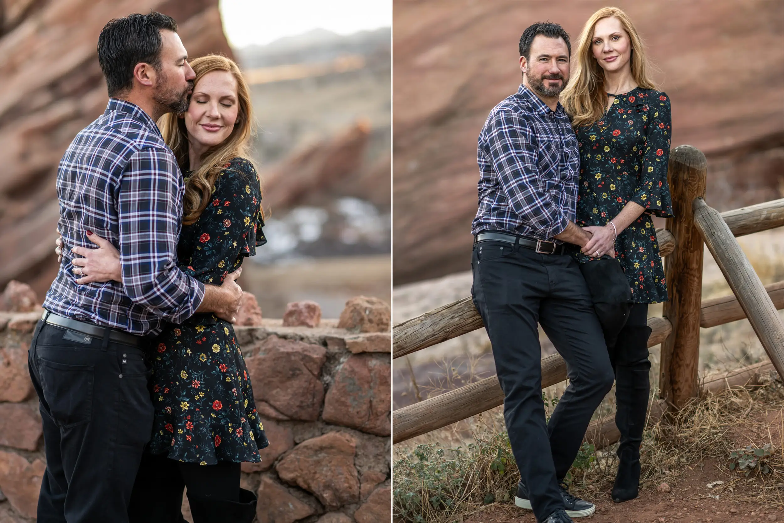 A couple poses in this diptych at Red Rocks Park and Amphitheatre during a Red Rocks engagement session in Morrison, Colorado.
